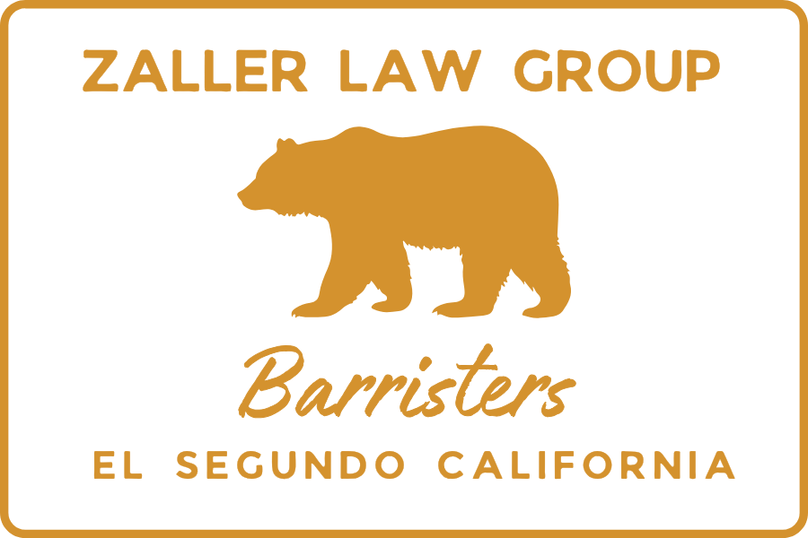 A label for Zaller Law Group featuring a bear silhouette in brown, with the words 'Zaller Law Group' at the top, 'Barristers' in the middle, and 'El Segundo California' at the bottom.