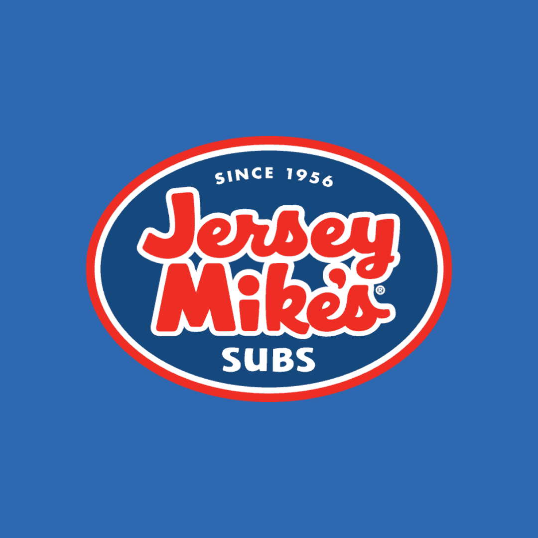Jersey Mike's Subs logo with blue background, red and white text, celebrating since 1956, featuring an oval shape.