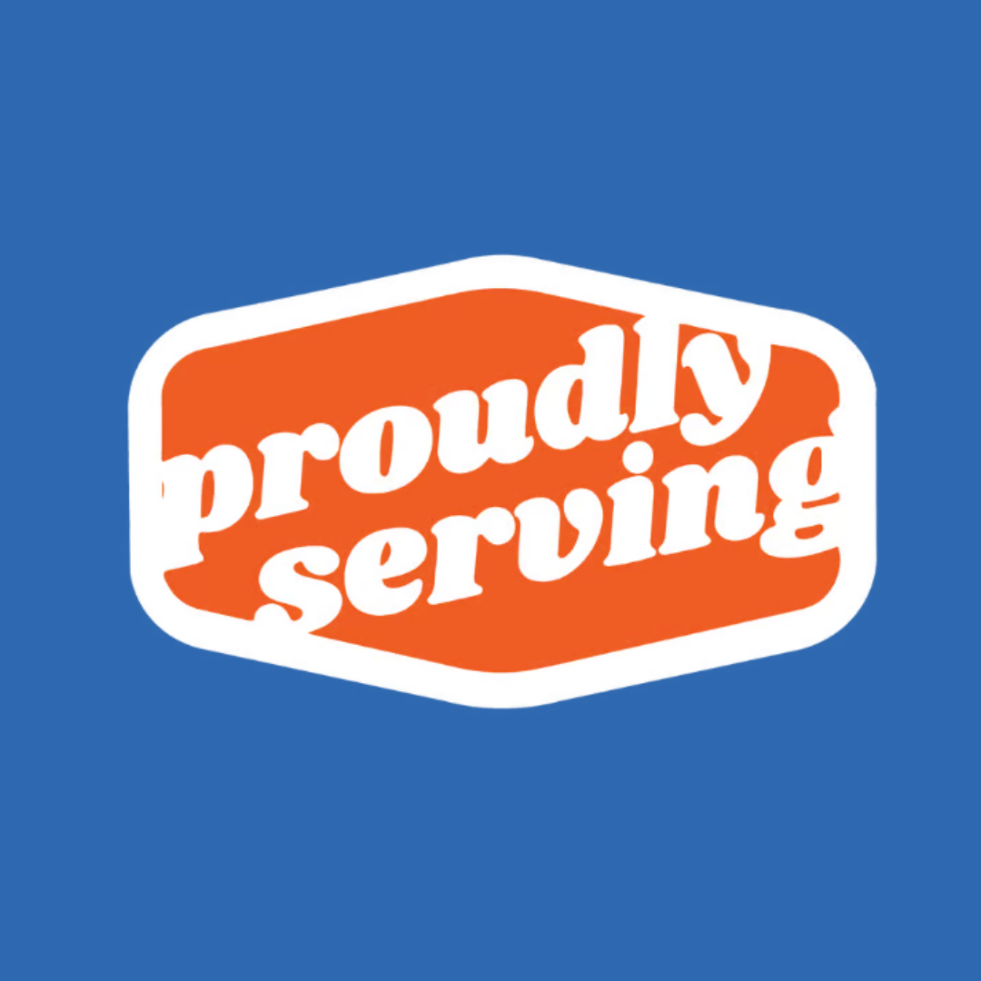 Logo with the words 'proudly serving' in white letters on an orange background, outlined in white, with a blue background.
