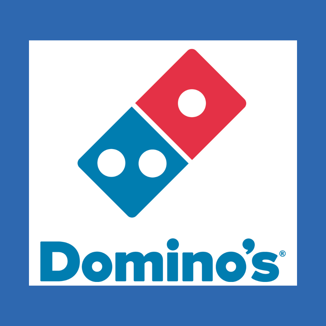 Domino's logo with a blue and white background, featuring a domino tile with red and blue halves and the word 'Domino's' in blue text.