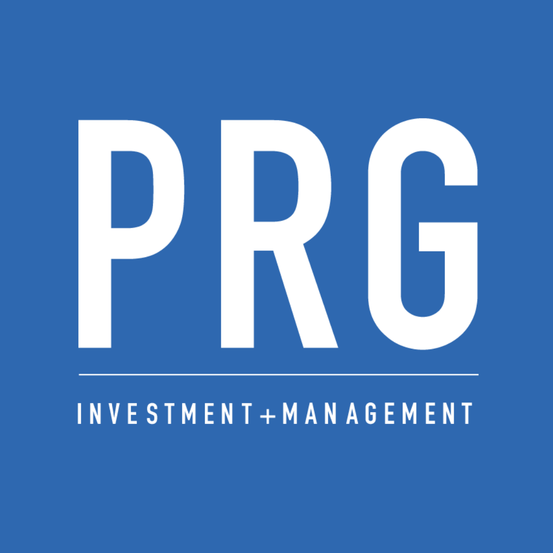 Logo with large white letters 'PRG' on a blue background, and the phrase 'Investment + Management' underneath.
