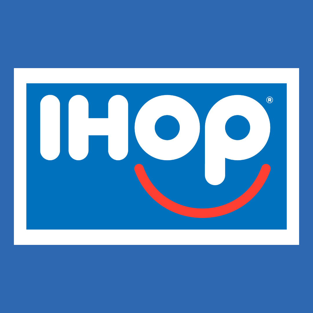 Ihop logo with blue background, white text, and red smiley face curve.