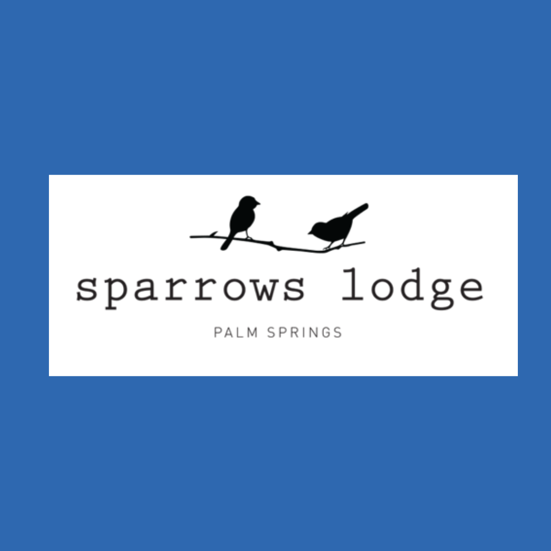 Logo for Sparrows Lodge with two black silhouettes of sparrow birds perched on a branch, and the text 'sparrows lodge' and 'Palm Springs' underneath.