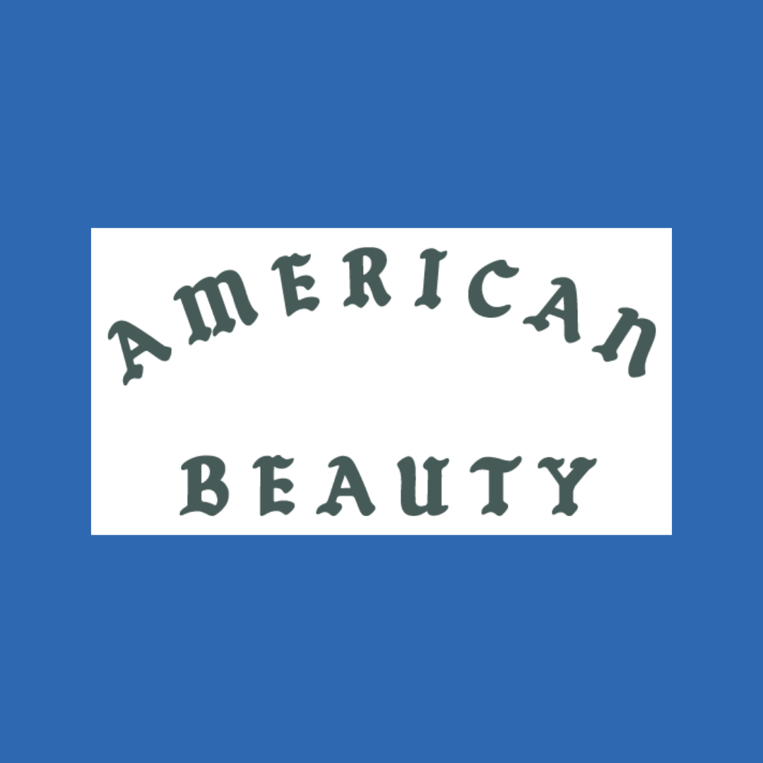 Logo with the words 'American Beauty' in stylized text, with 'American' curved above and 'Beauty' below, on a white background with a blue border.