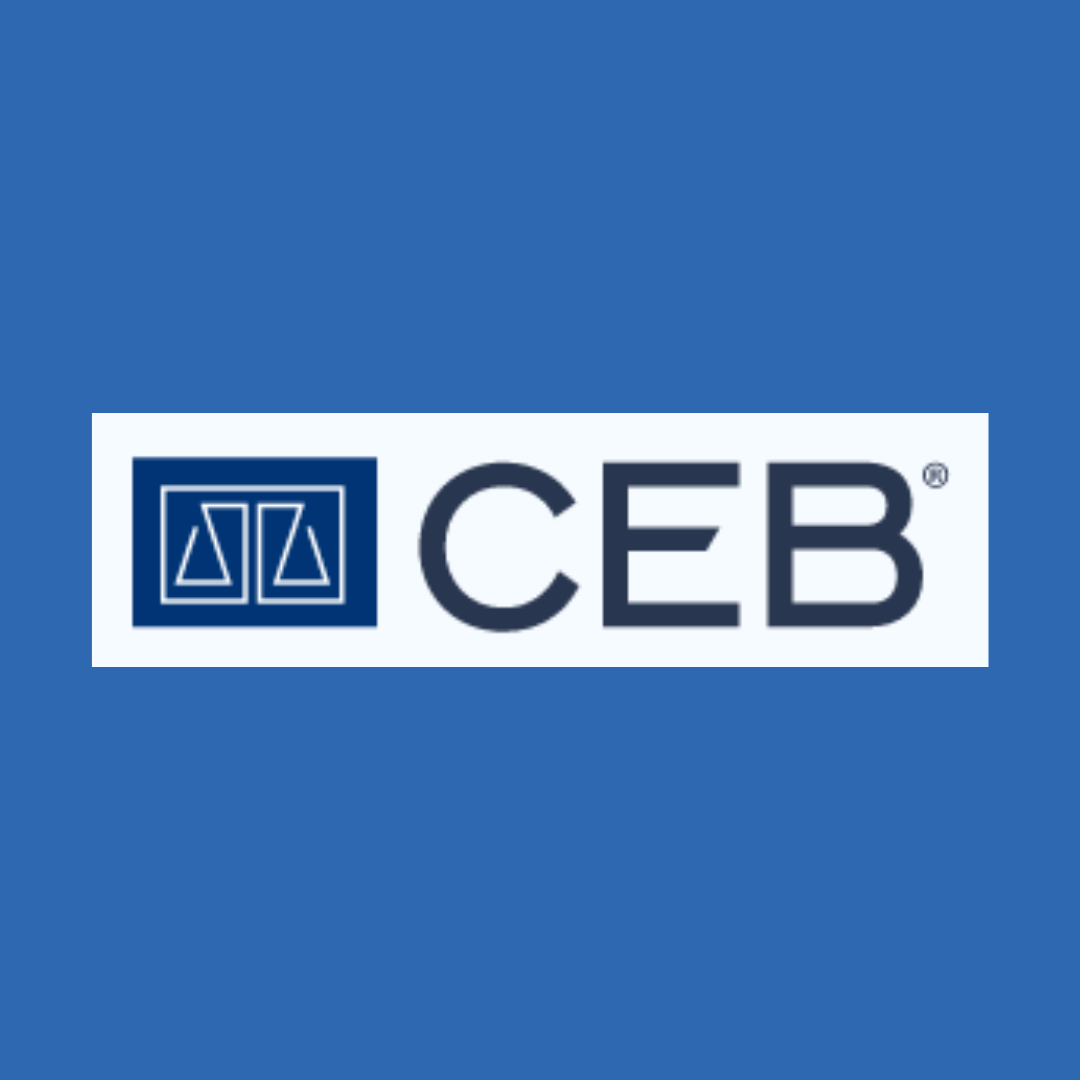 The image features a blue background with a white rectangle in the center. Inside the rectangle, there is a logo consisting of a dark blue symbol next to the letters 'CEB' in dark blue font.