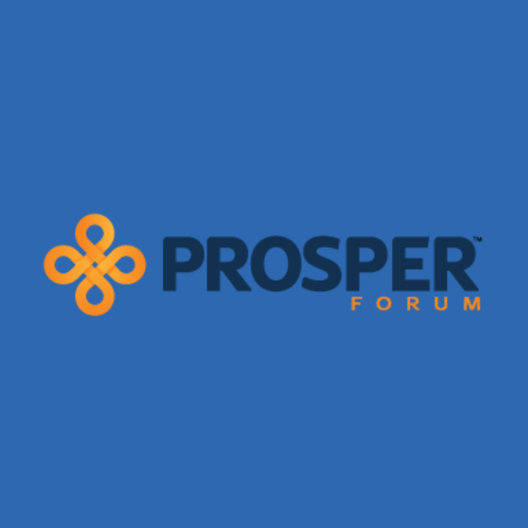 The logo of Prosper Forum on a blue background, featuring a stylized orange knot and the words 'Prosper Forum' in navy and orange text.