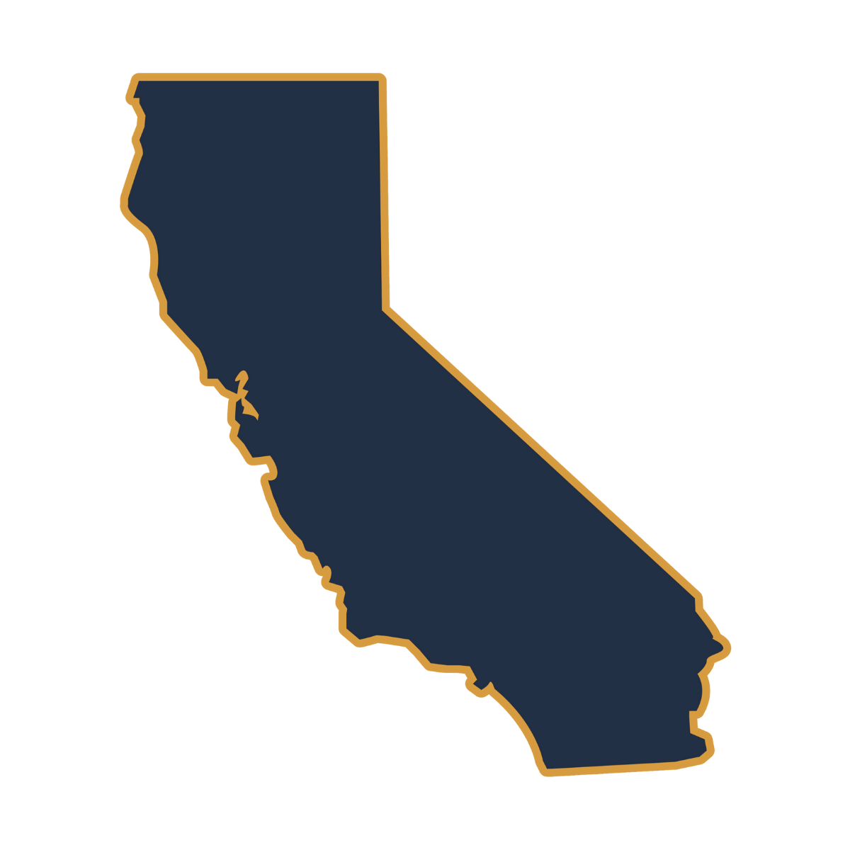 Outline of the state of California with a dark blue fill and a gold border.