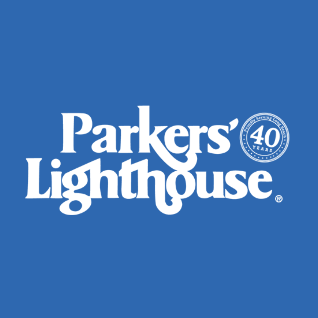 Logo for Parkers Lighthouse with blue background and white text, celebrating 40 years.