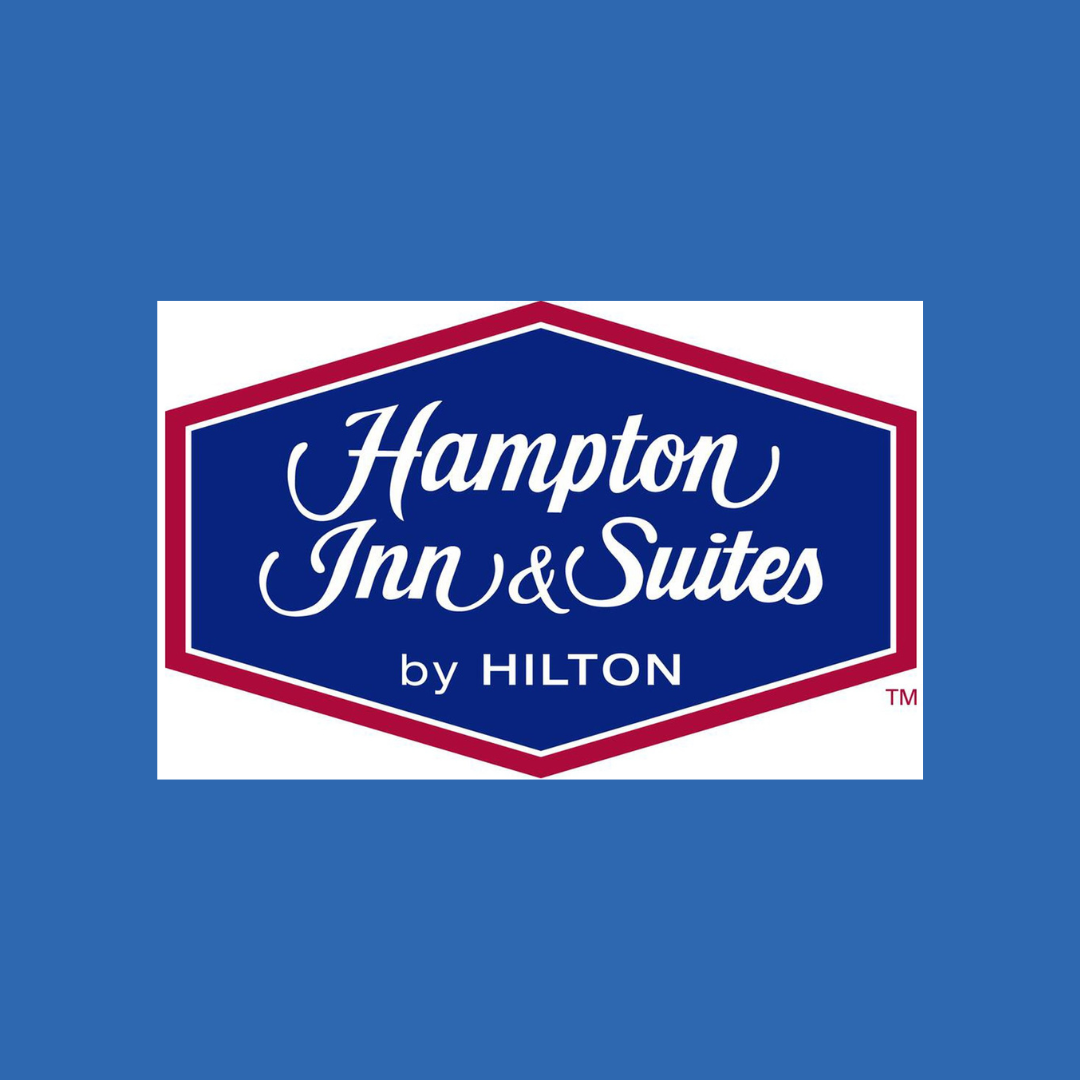 Hampton Inn & Suites by Hilton logo on a blue background.