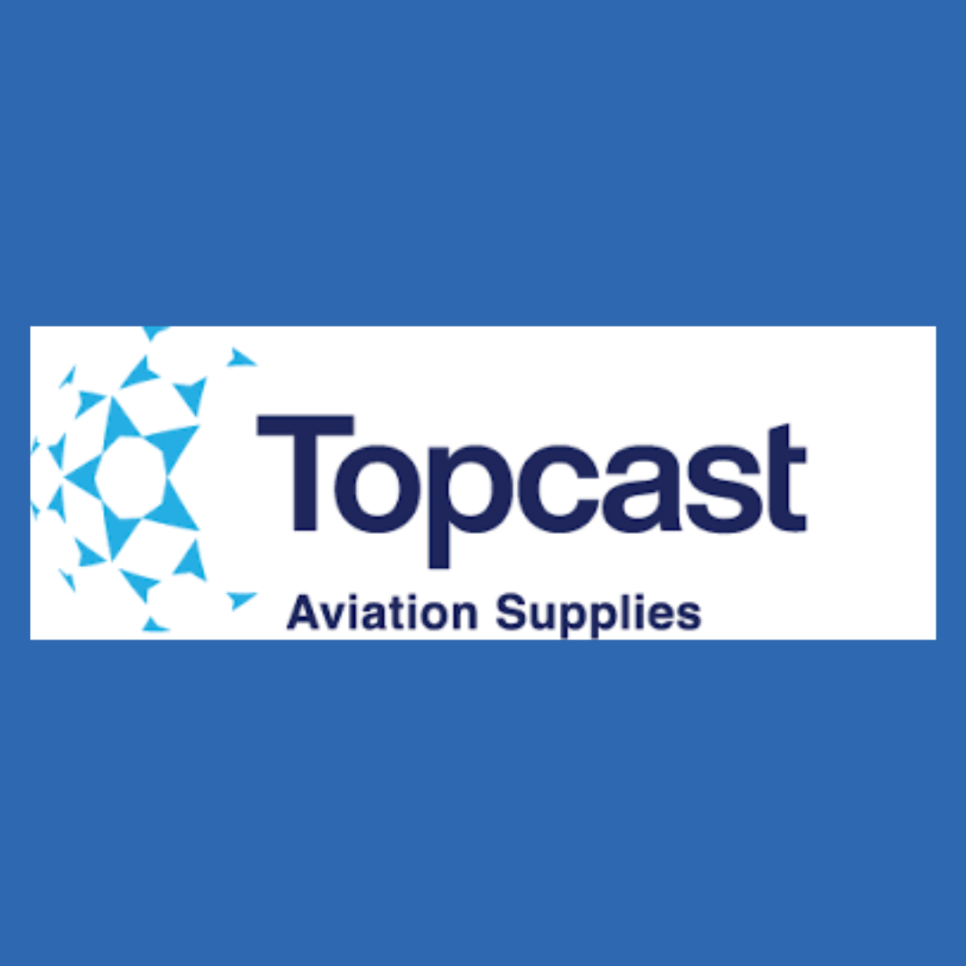 Logo for Topcast Aviation Supplies with blue geometric shapes and text.
