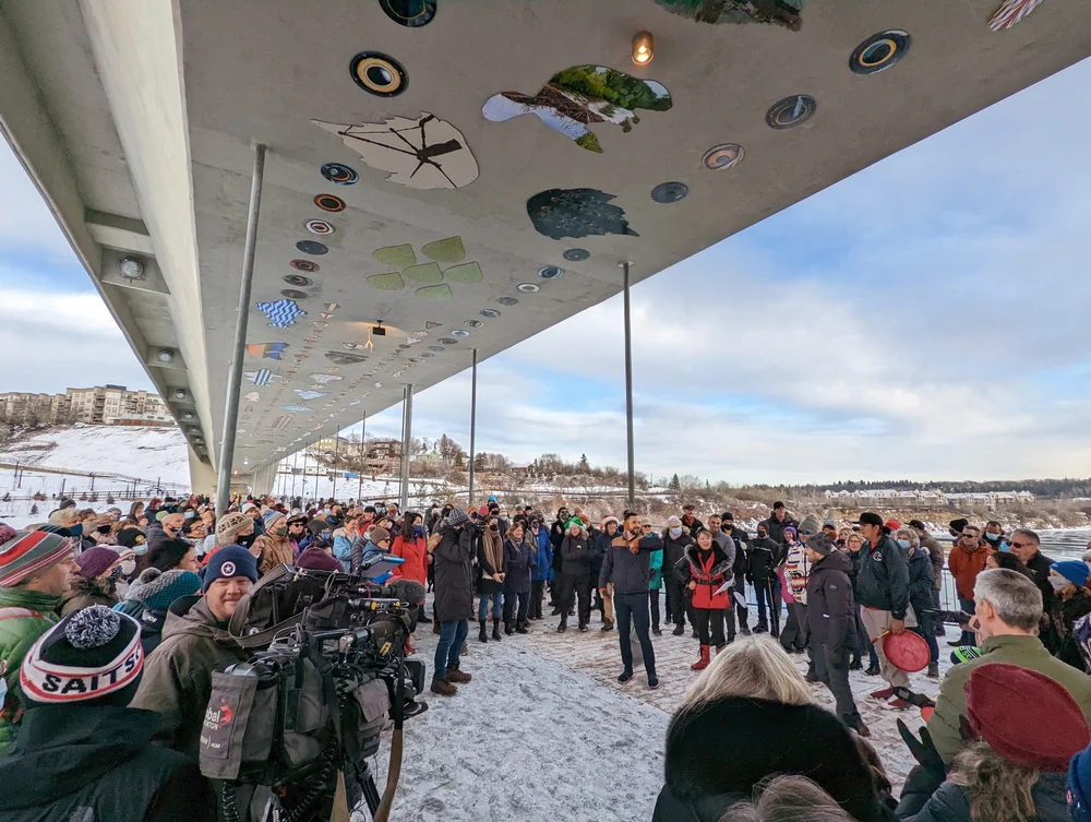 Community-led grand opening celebration under the Tawatin&acirc; Bridge art panels, December 2021