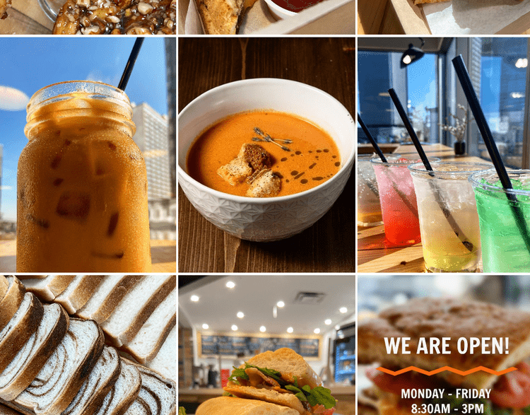 Instagram grid with coffee shots, a promotion tile and café interior photos