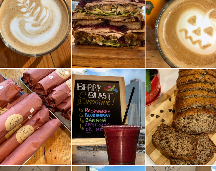 Instagram grid showing iced coffee, soup, drink features and an open hours notice