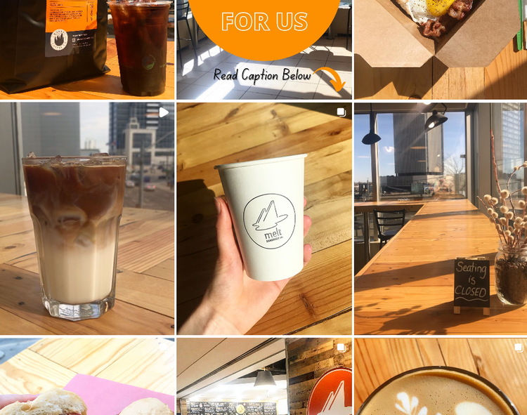 Instagram grid of Melt posts: latte art, sandwiches, smoothies and baked goods