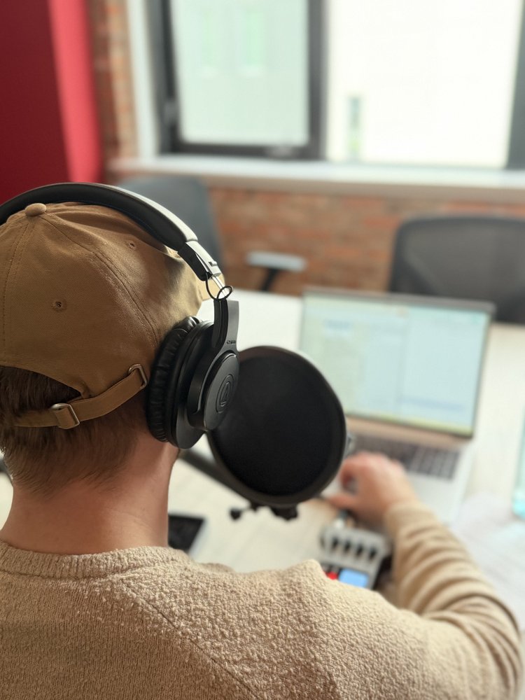 Nick Ross at the microphone during the voiceover session