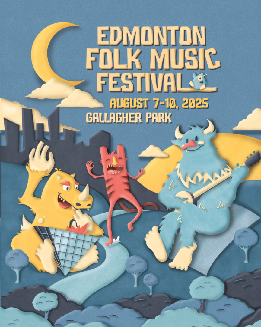 The 2025 Edmonton Folk Music Festival poster: three monsters dancing and playing music in the river valley against the downtown skyline