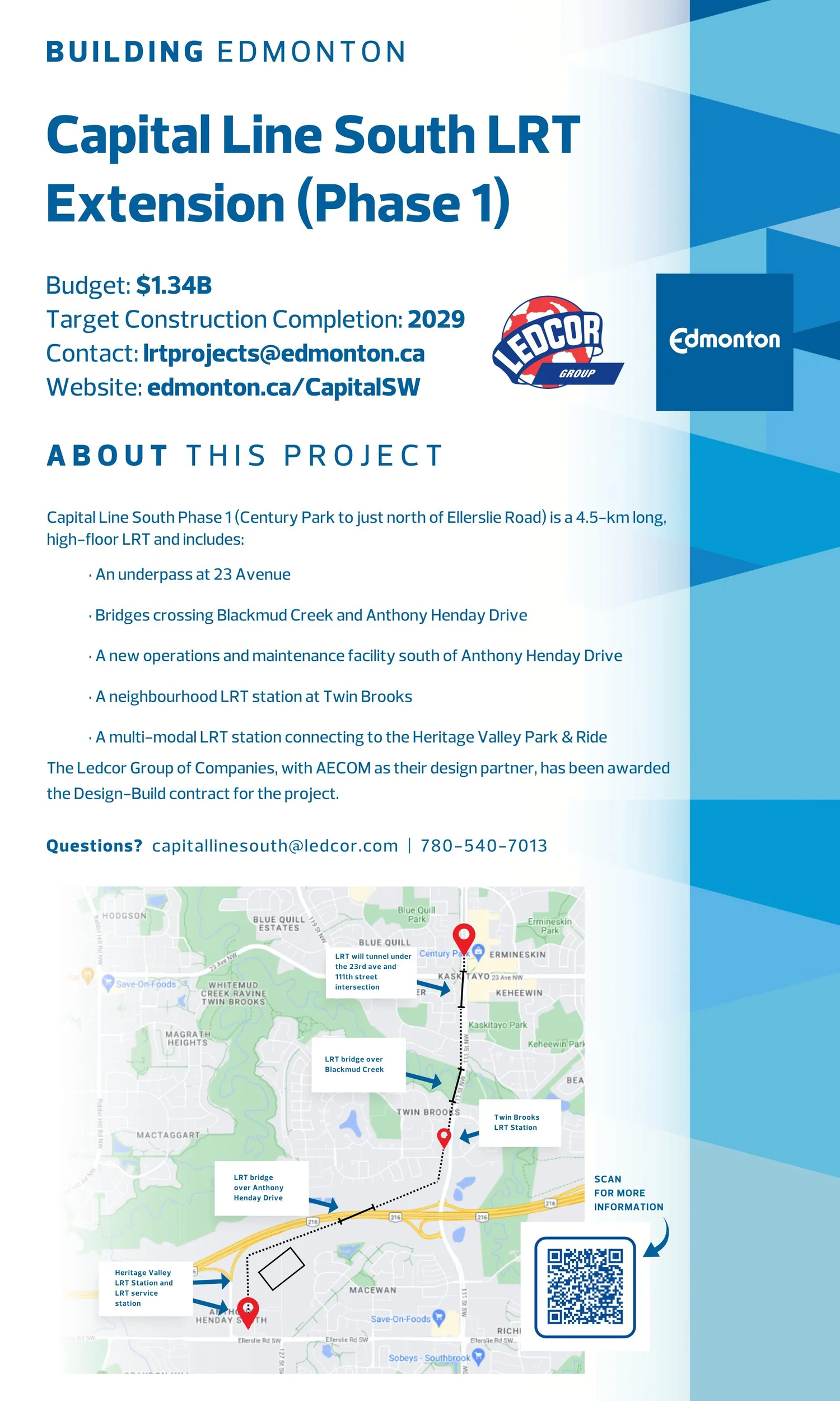 Project information sign with budget, timeline, contacts and a QR code, Capital Line South LRT Extension.