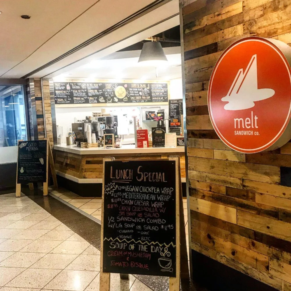 The Melt Sandwich Co. counter and menu board in the downtown pedway