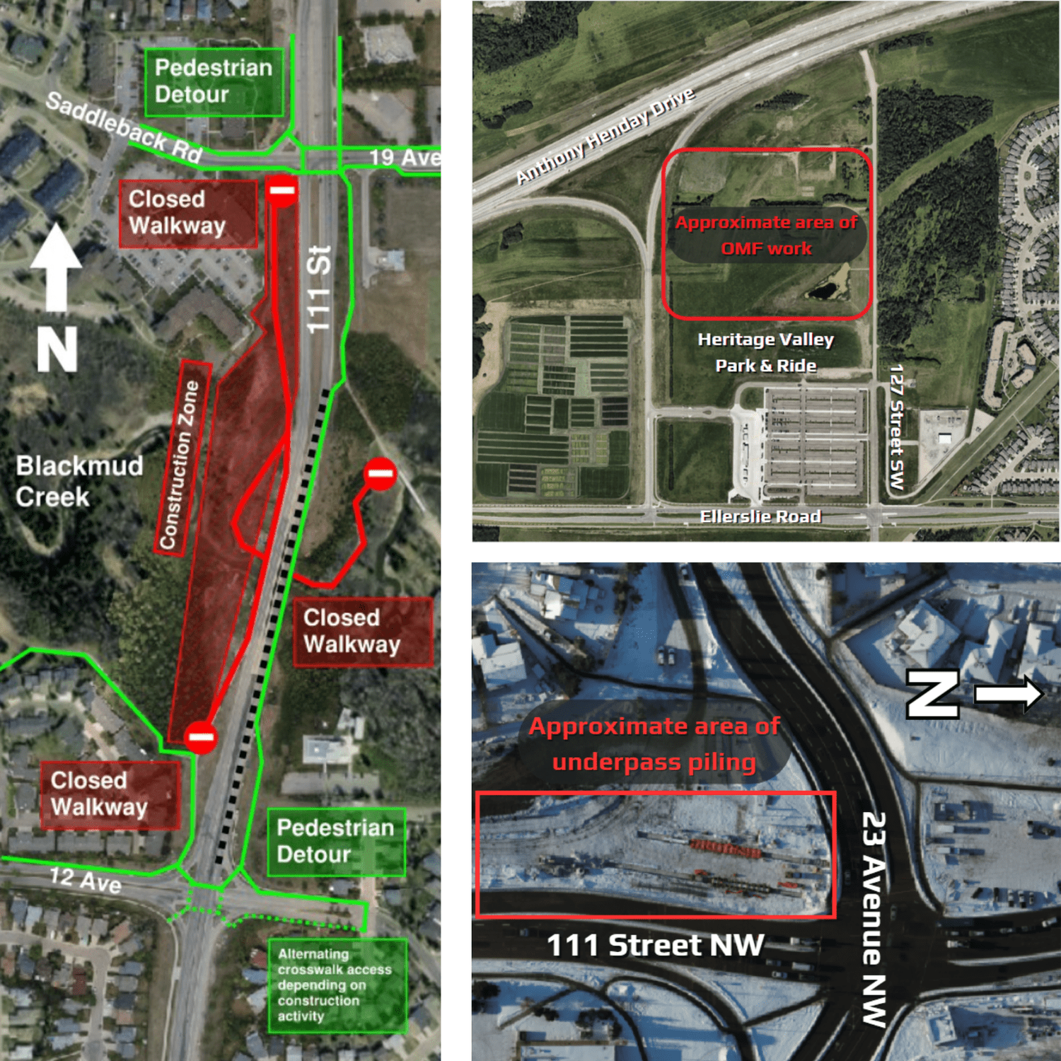 Construction closure and detour maps, Capital Line South LRT Extension.