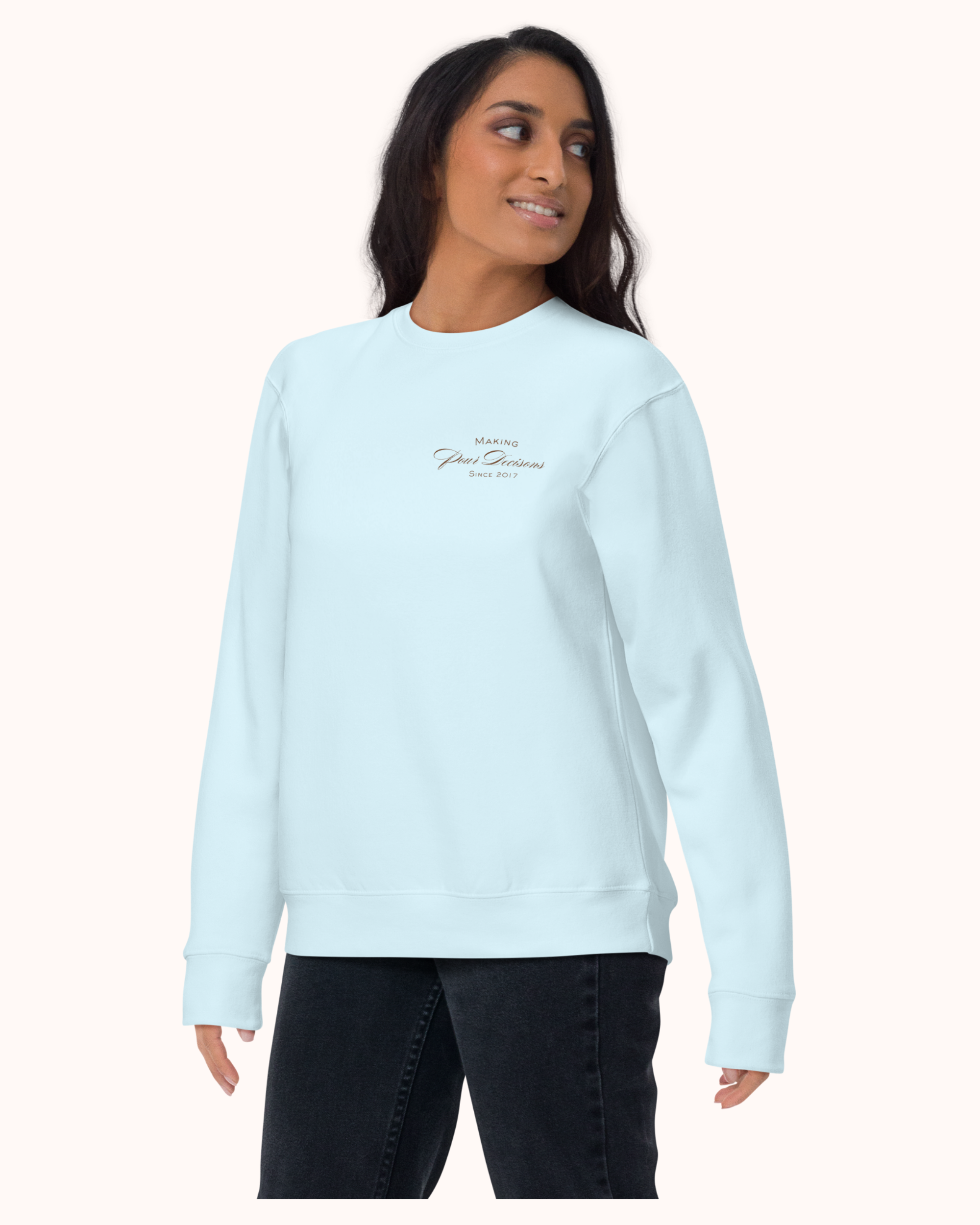 Premium wine sweatshirt with “Making Pour Decisions Since 2017” on the front and The Real Wine Snobs logo on the back. Structured unisex fit with cotton face and fleece interior. Sizes S–3XL.