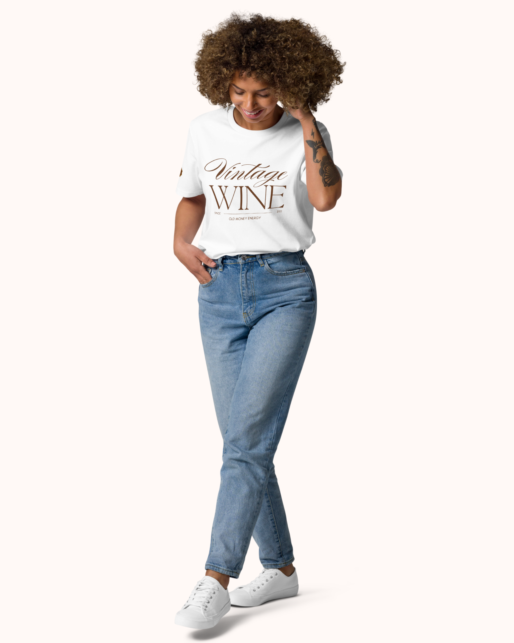 Old Money Energy wine t-shirt inspired by vintage wine culture and quiet luxury style. Organic cotton unisex tee with clean typography and refined fit from The Real Wine Snobs.