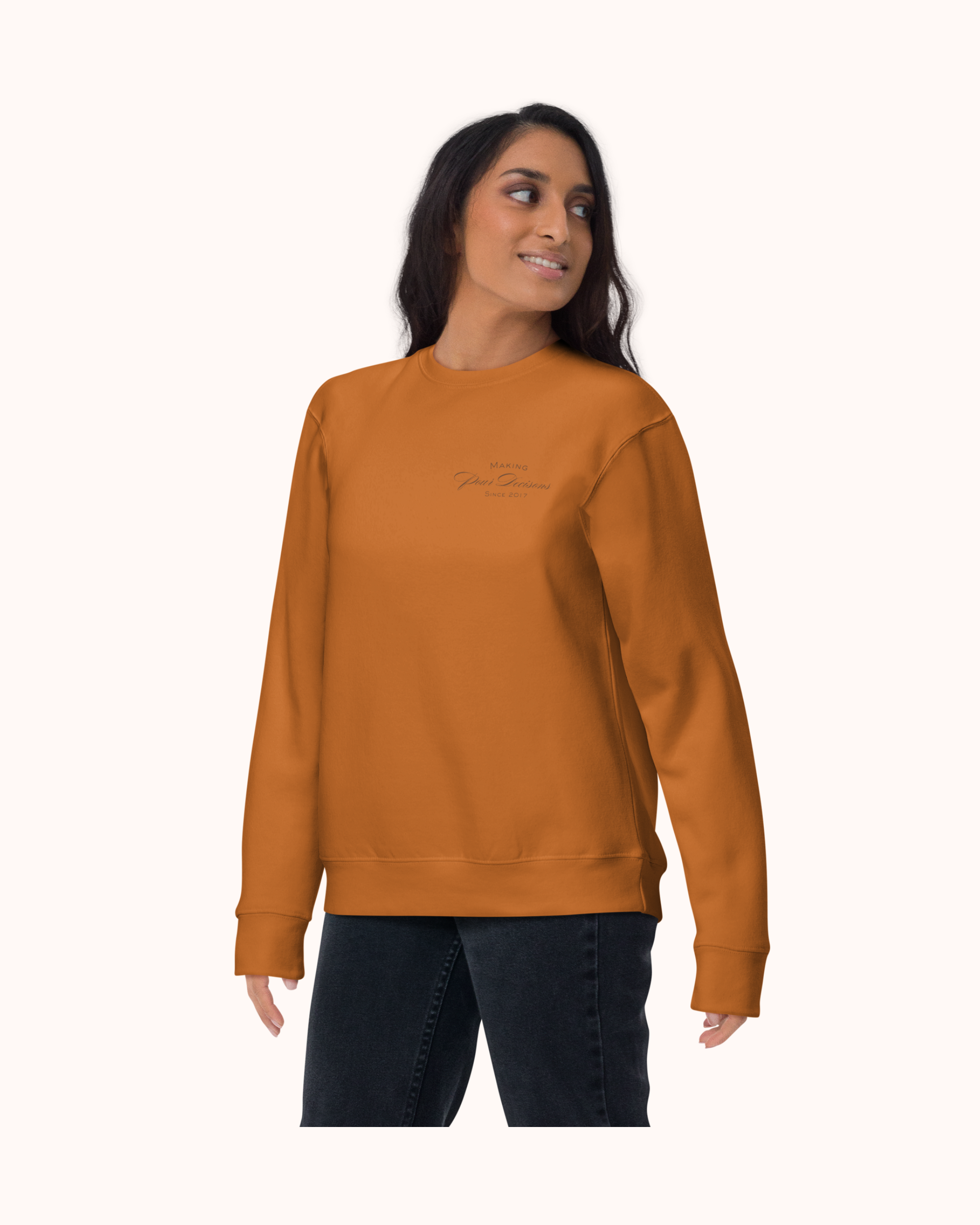 Premium wine sweatshirt with “Making Pour Decisions Since 2017” on the front and logo on back. Structured unisex fit, cotton face, fleece interior. Sizes S–3XL.