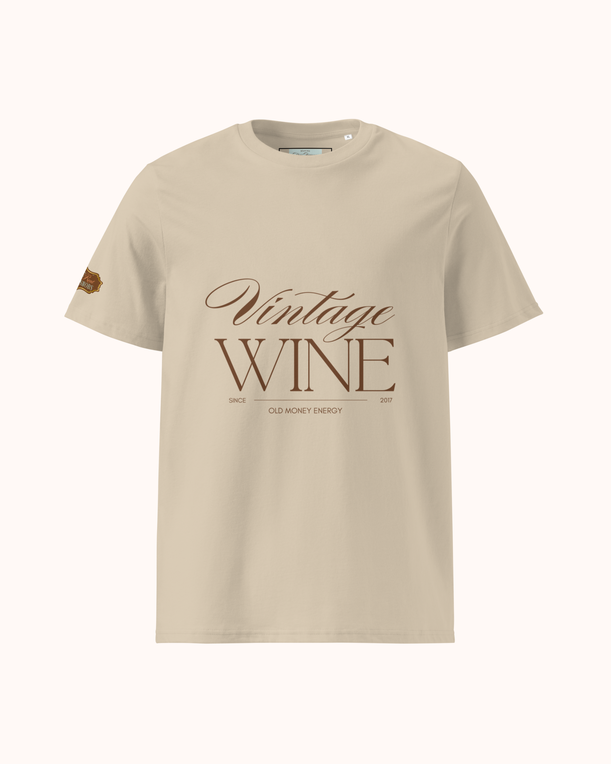 Old Money Energy wine t-shirt inspired by vintage wine culture and quiet luxury style. Organic cotton, refined fit, and understated vineyard confidence for true wine snobs.