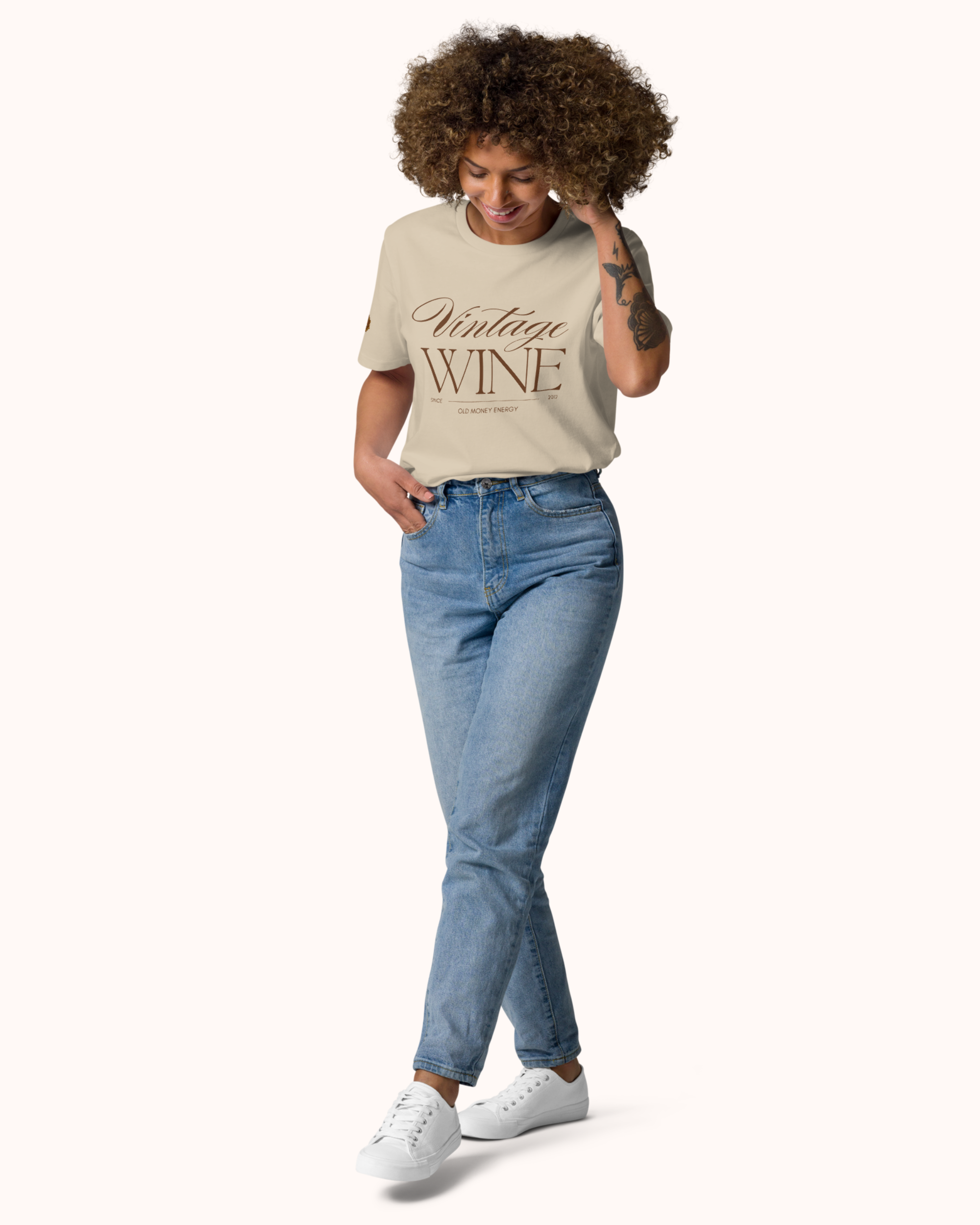 Old Money Energy wine t-shirt inspired by vintage wine culture and quiet luxury style. Organic cotton unisex tee with clean typography and refined fit from The Real Wine Snobs.