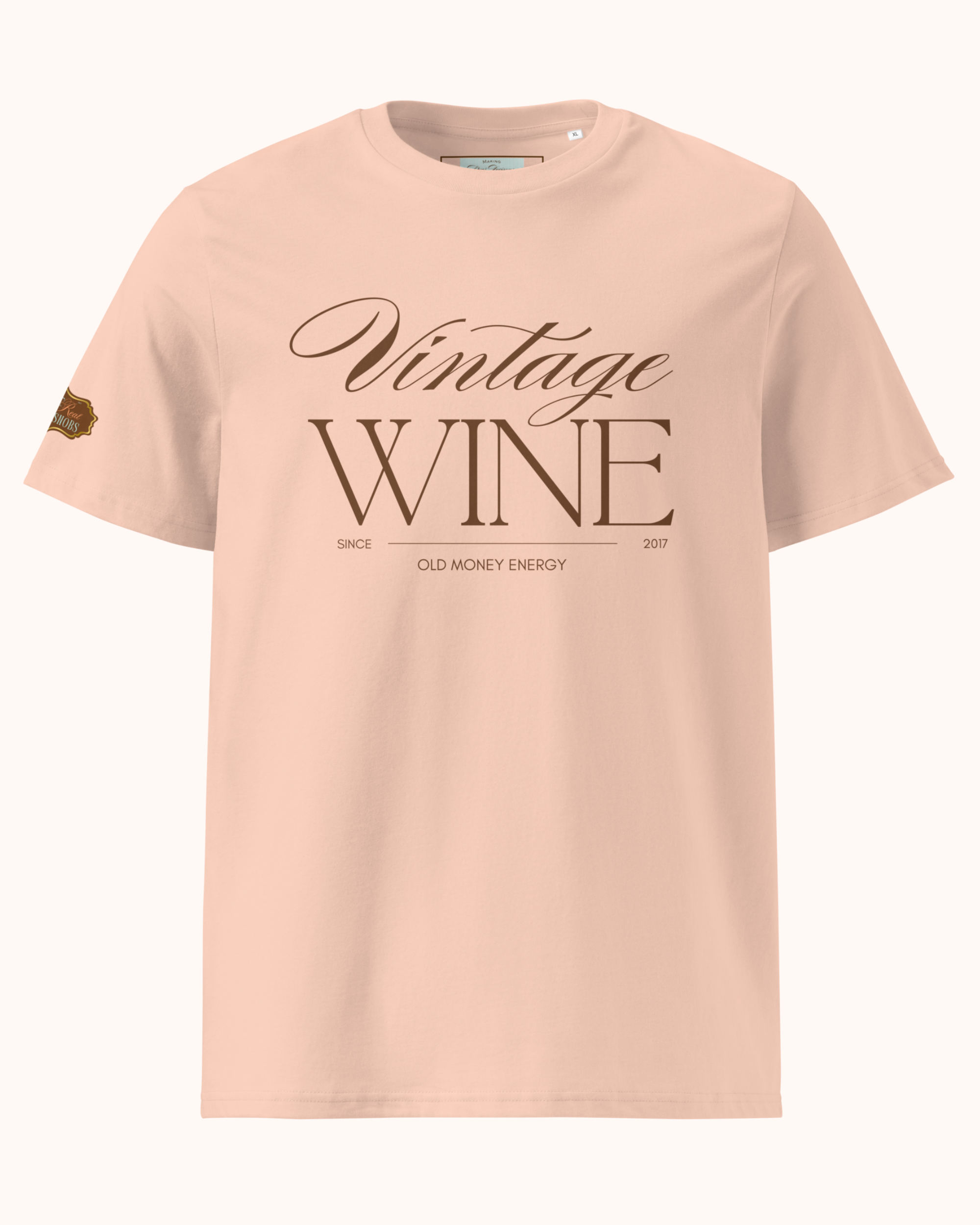 Old Money Energy wine t-shirt inspired by vintage wine culture and quiet luxury style. Organic cotton unisex tee with clean typography and refined fit from The Real Wine Snobs.