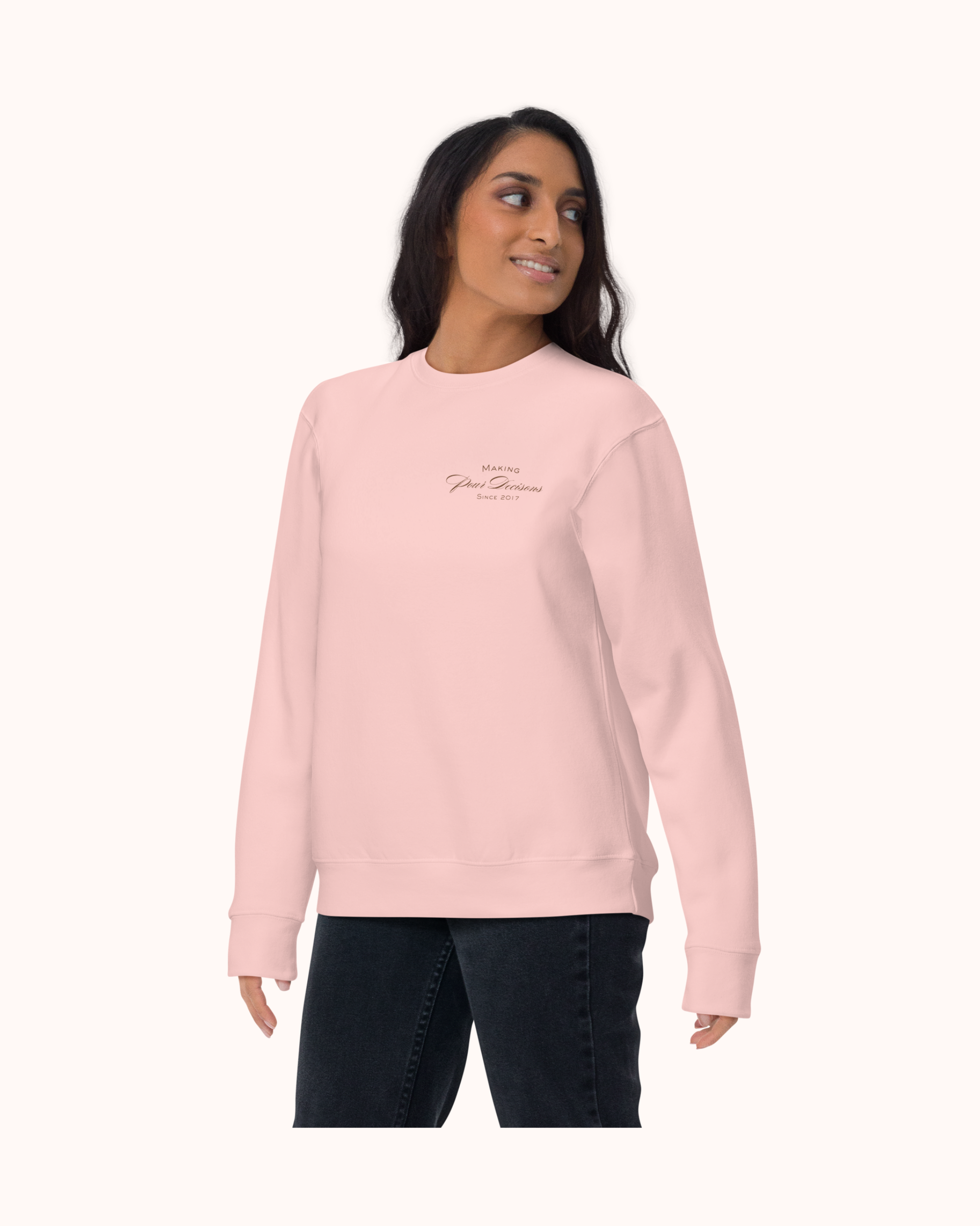 Premium wine sweatshirt with “Making Pour Decisions Since 2017” on the front and logo on back. Structured unisex fit, cotton face, fleece interior. Sizes S–3XL.