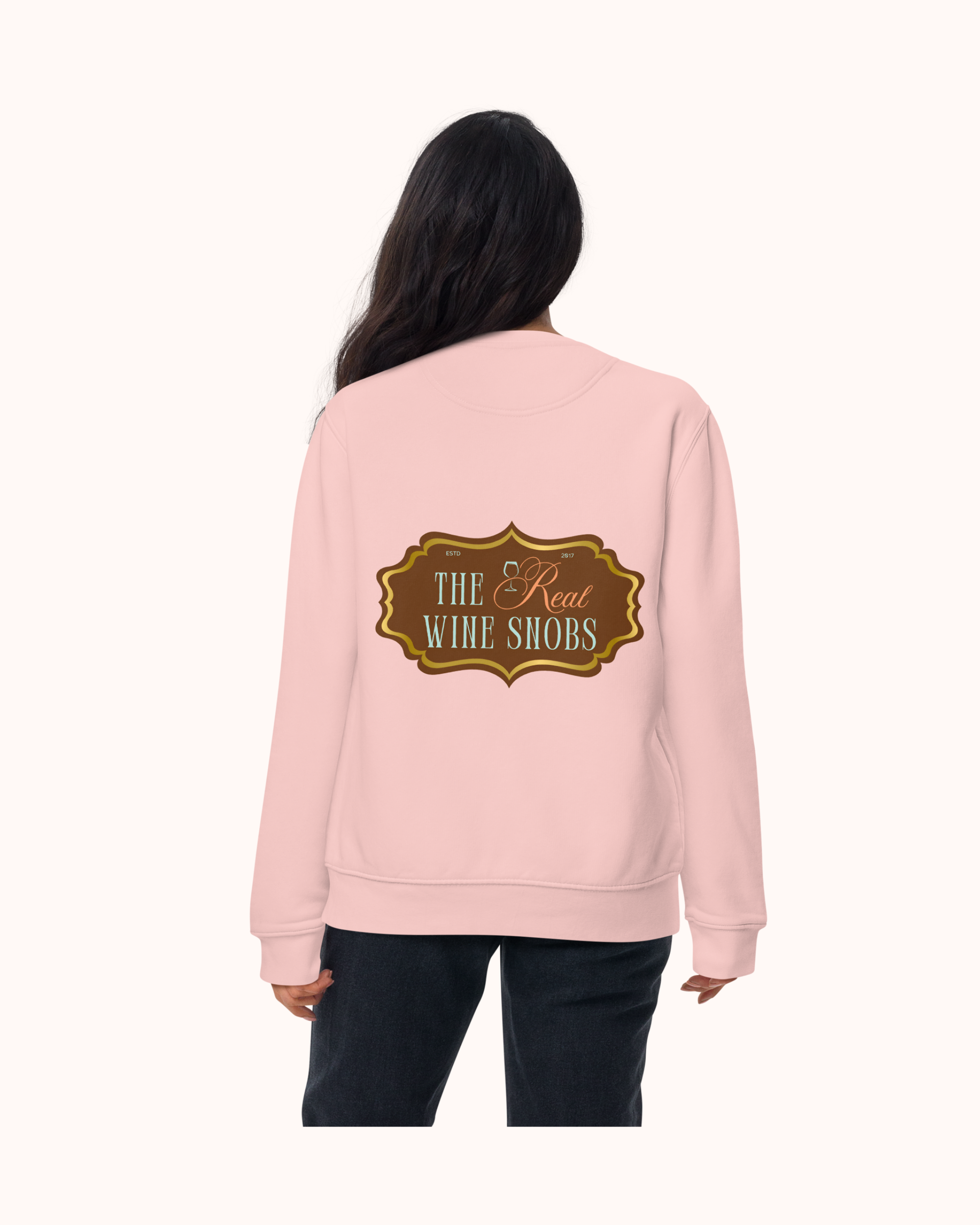 Premium wine sweatshirt with “Making Pour Decisions Since 2017” on the front and logo on back. Structured unisex fit, cotton face, fleece interior. Sizes S–3XL.
