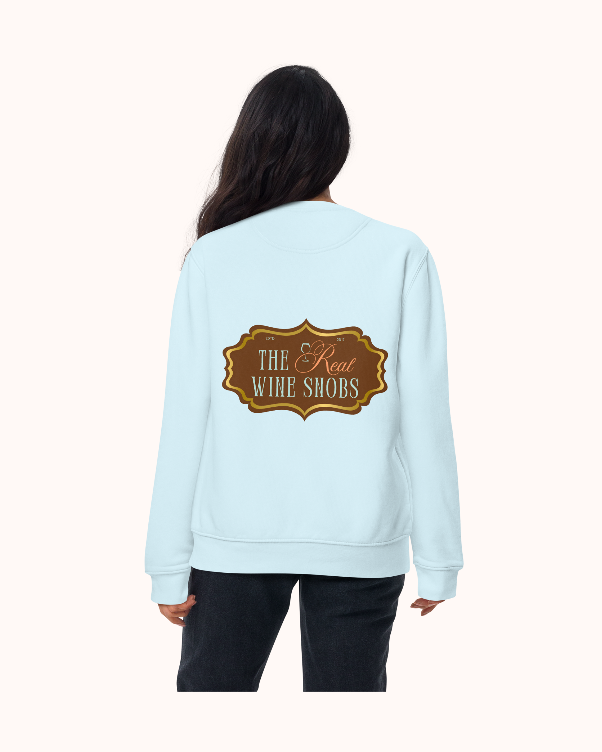 Premium wine sweatshirt with “Making Pour Decisions Since 2017” on the front and logo on back. Structured unisex fit, cotton face, fleece interior. Sizes S–3XL.