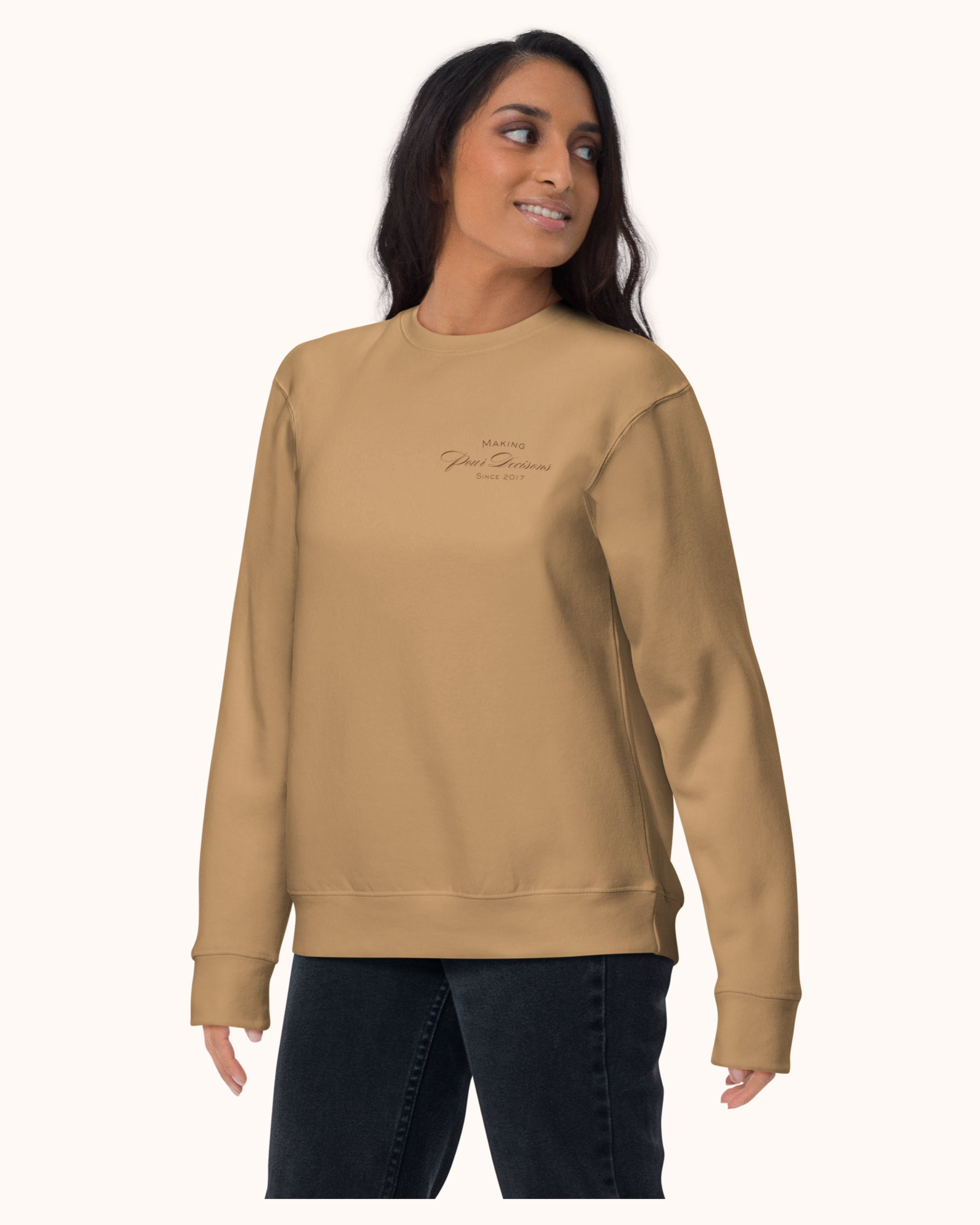 Premium wine sweatshirt with “Making Pour Decisions Since 2017” on the front and The Real Wine Snobs logo on the back. Structured unisex fit with cotton face and fleece interior. Sizes S–3XL.