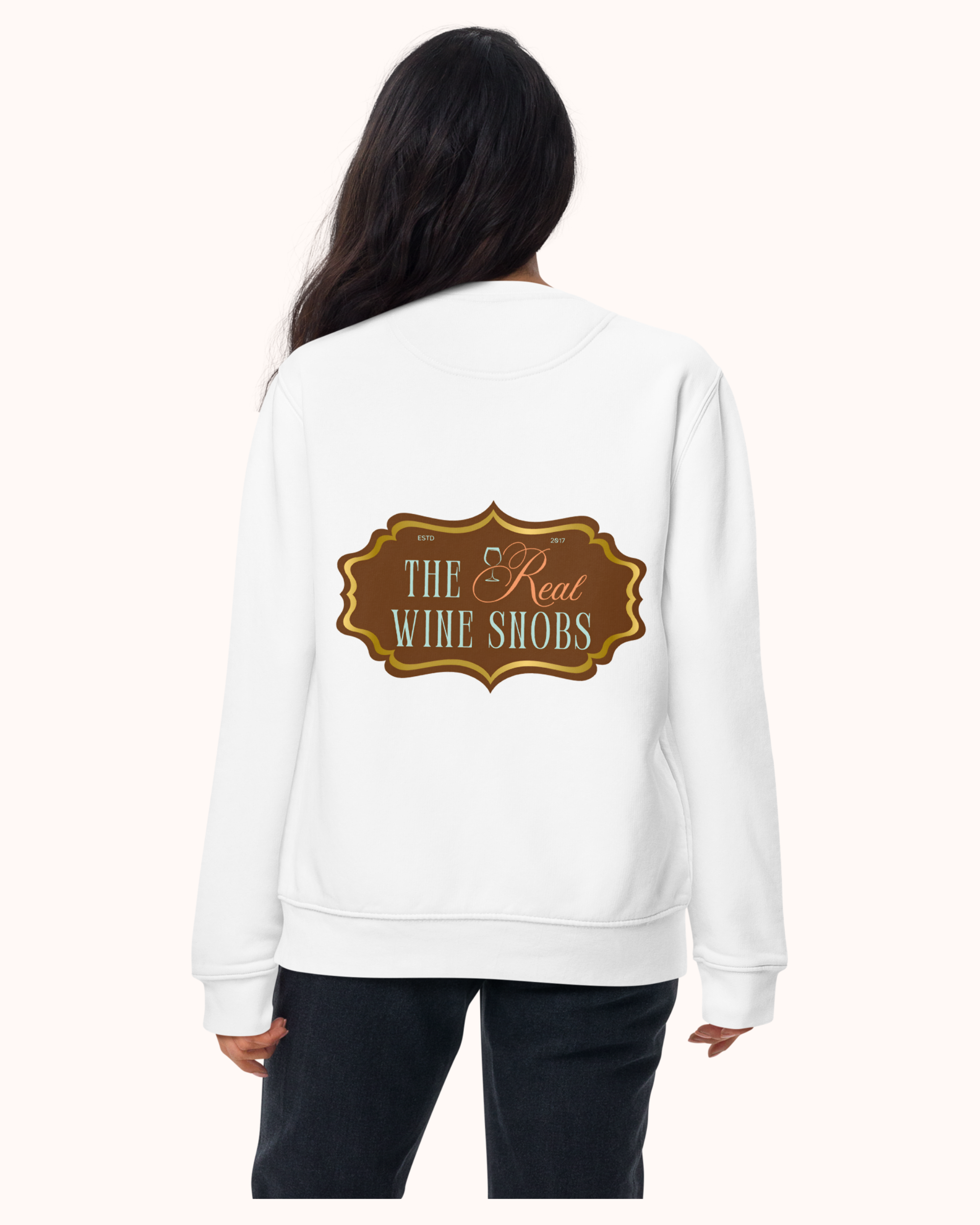 Premium wine sweatshirt with “Making Pour Decisions Since 2017” on the front and The Real Wine Snobs logo on the back. Structured unisex fit with cotton face and fleece interior. Sizes S–3XL.