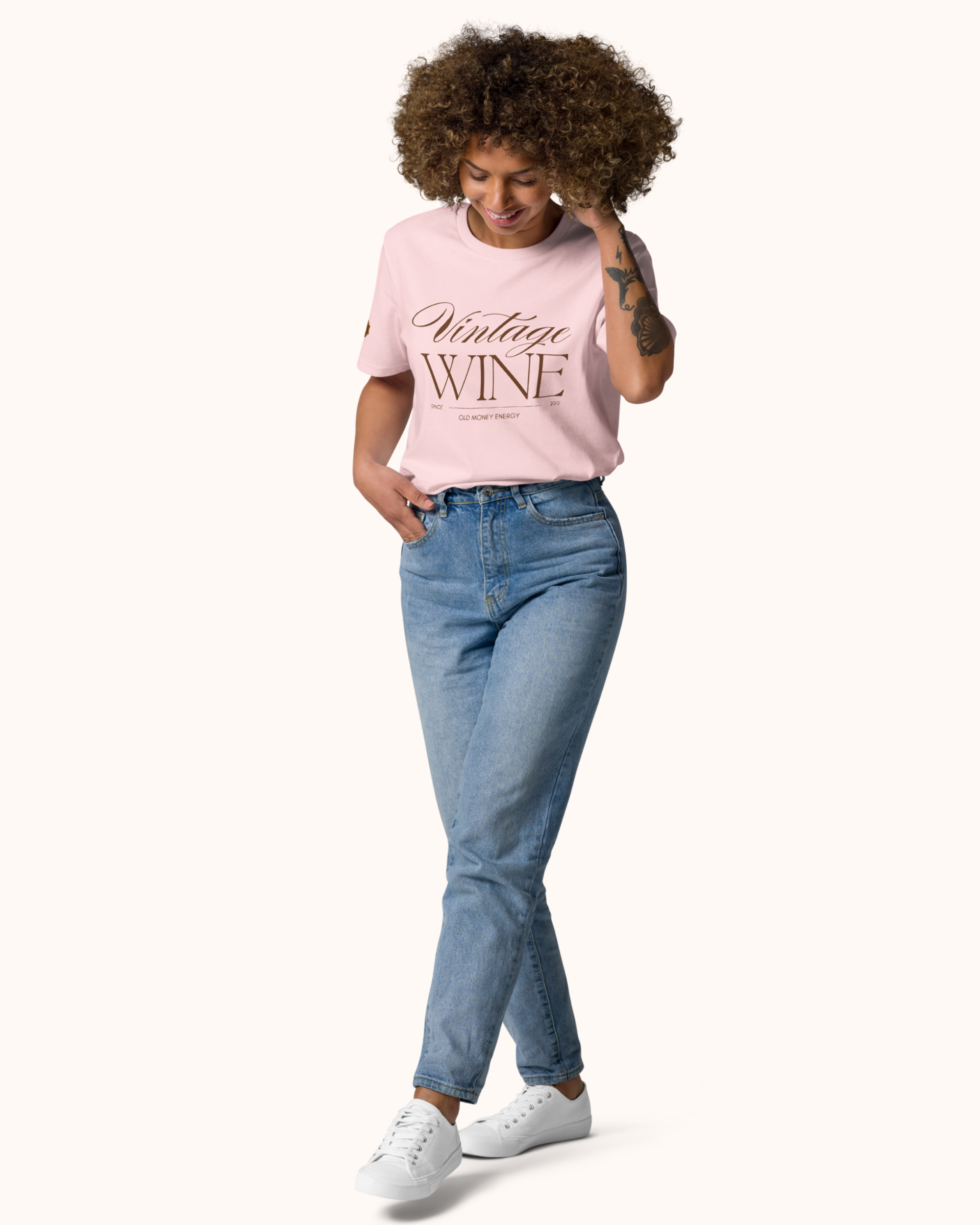 Old Money Energy wine t-shirt inspired by vintage wine culture and quiet luxury style. Organic cotton unisex tee with clean typography and refined fit from The Real Wine Snobs.
