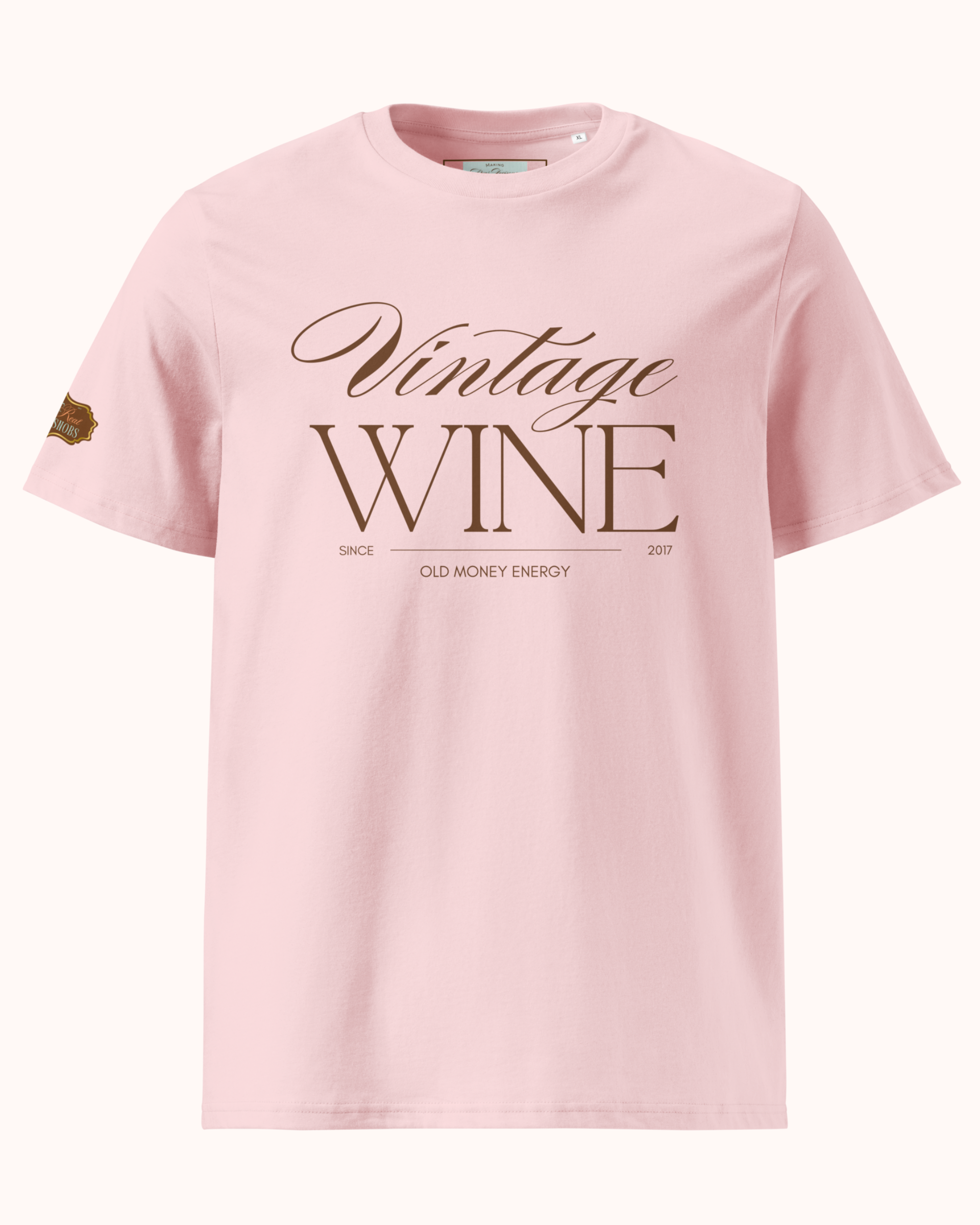 Old Money Energy wine t-shirt inspired by vintage wine culture and quiet luxury style. Organic cotton unisex tee with clean typography and refined fit from The Real Wine Snobs.