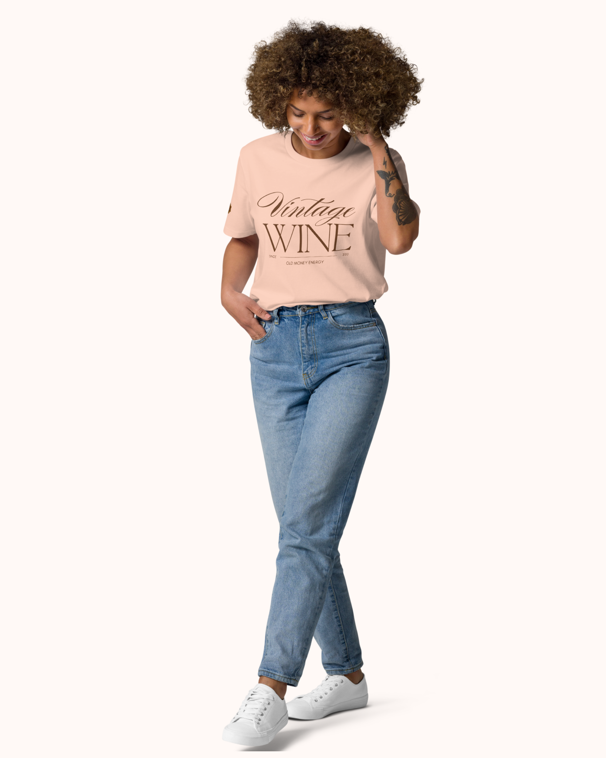 Old Money Energy wine t-shirt inspired by vintage wine culture and quiet luxury style. Organic cotton unisex tee with clean typography and refined fit from The Real Wine Snobs.