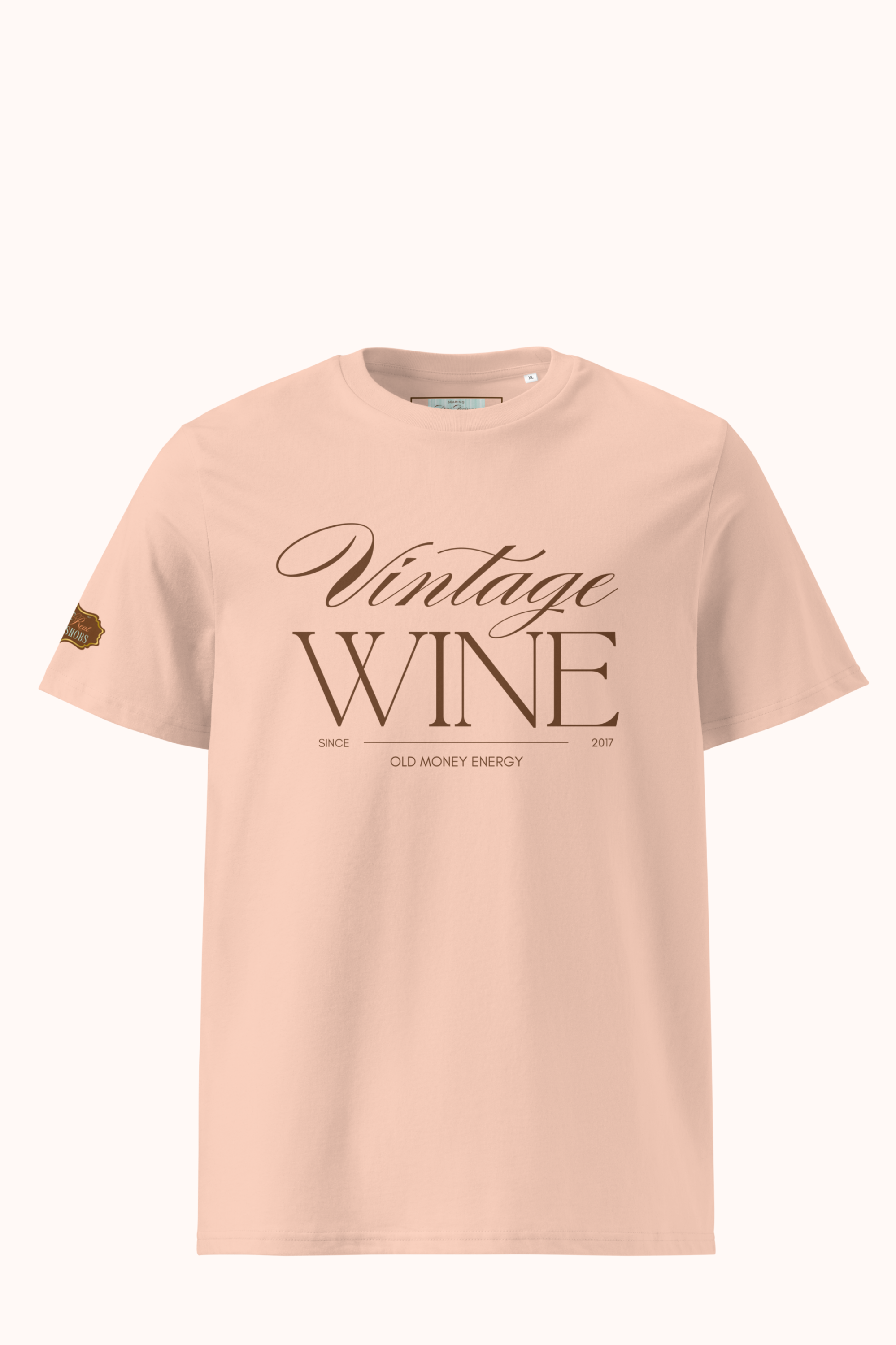 Old Money Energy tshirt in Peach Champagne, front
