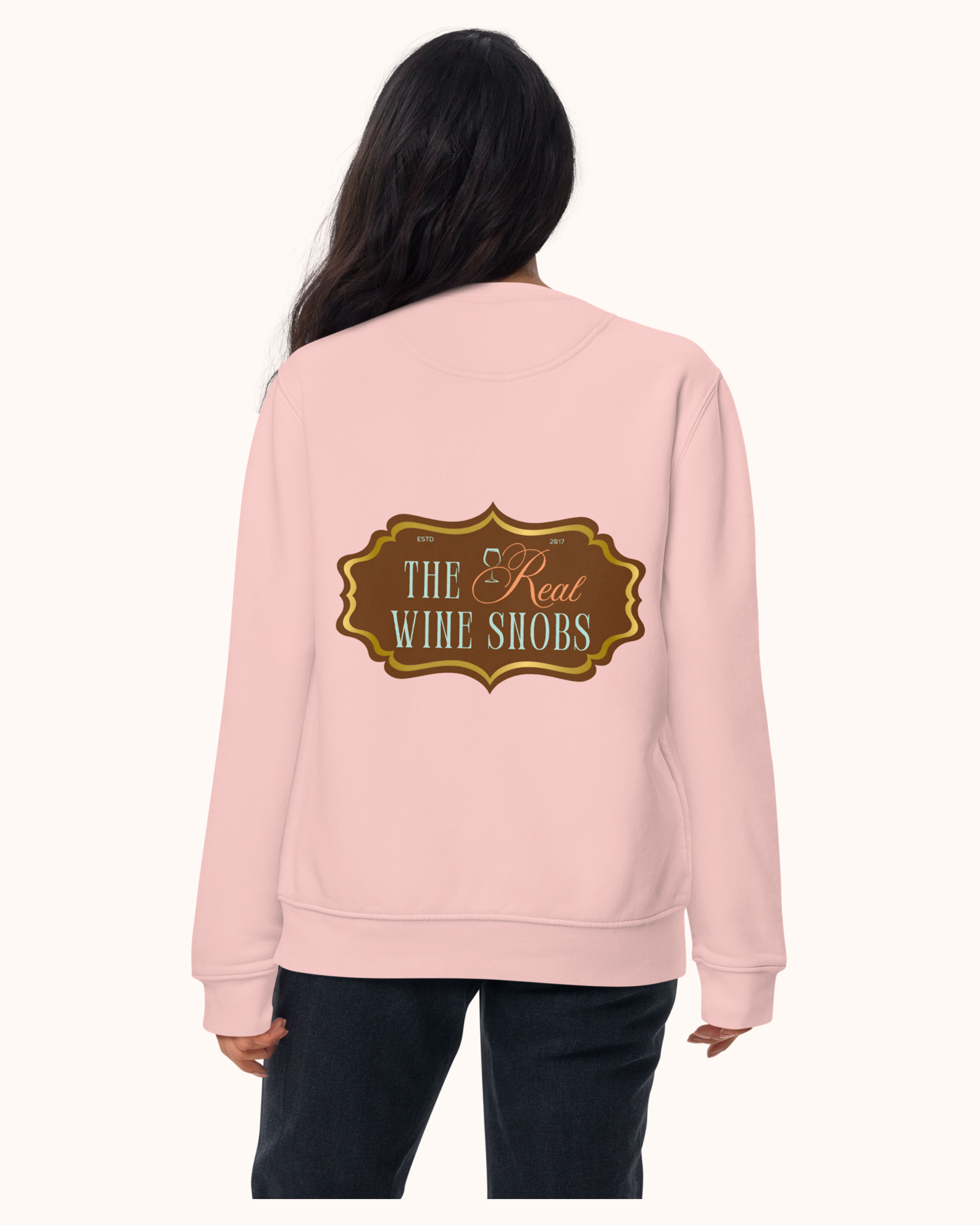 Premium wine sweatshirt with “Making Pour Decisions Since 2017” on the front and The Real Wine Snobs logo on the back. Structured unisex fit with cotton face and fleece interior. Sizes S–3XL.