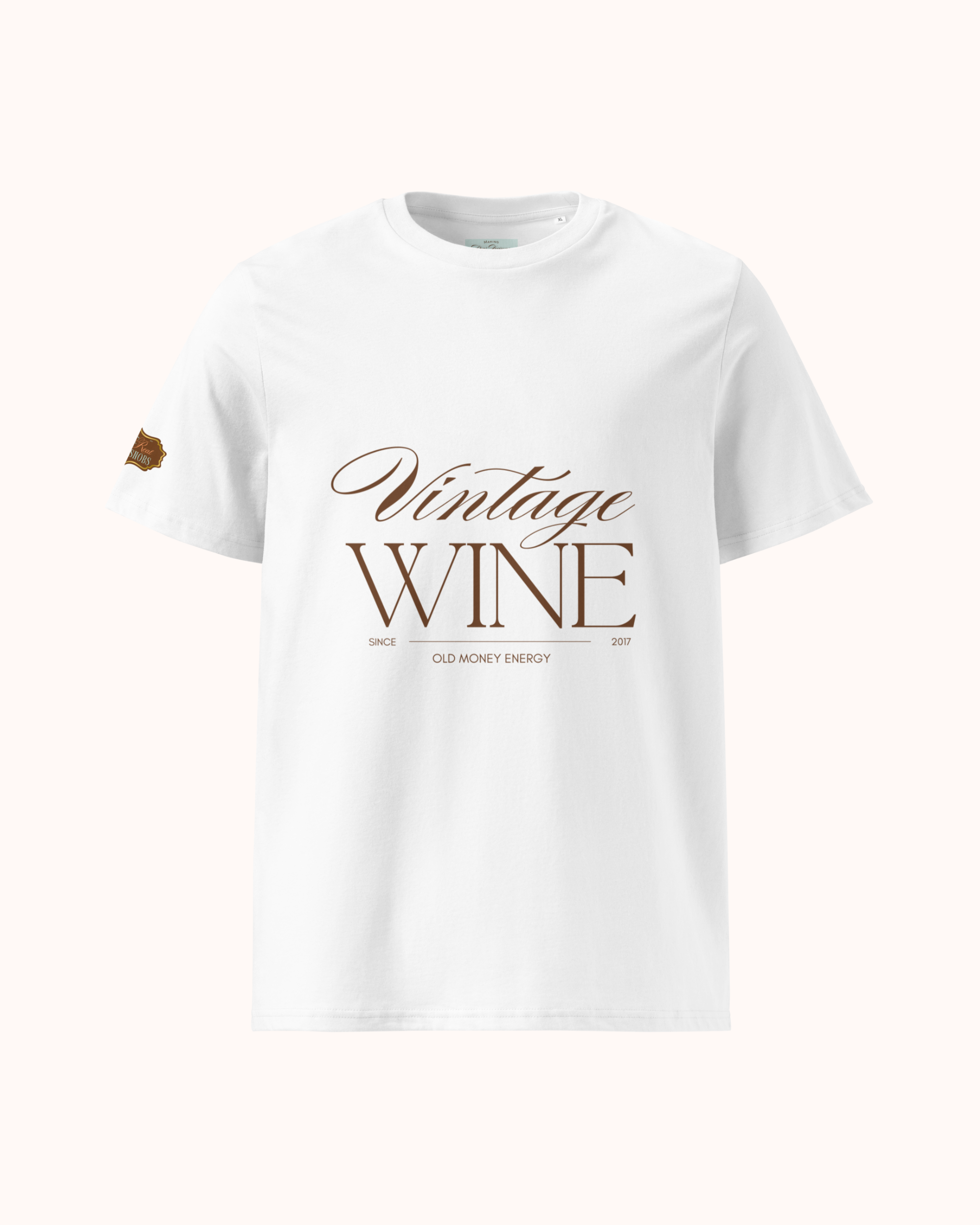 Old Money Energy wine t-shirt inspired by vintage wine culture and quiet luxury style. Organic cotton, refined fit, and understated vineyard confidence for true wine snobs.