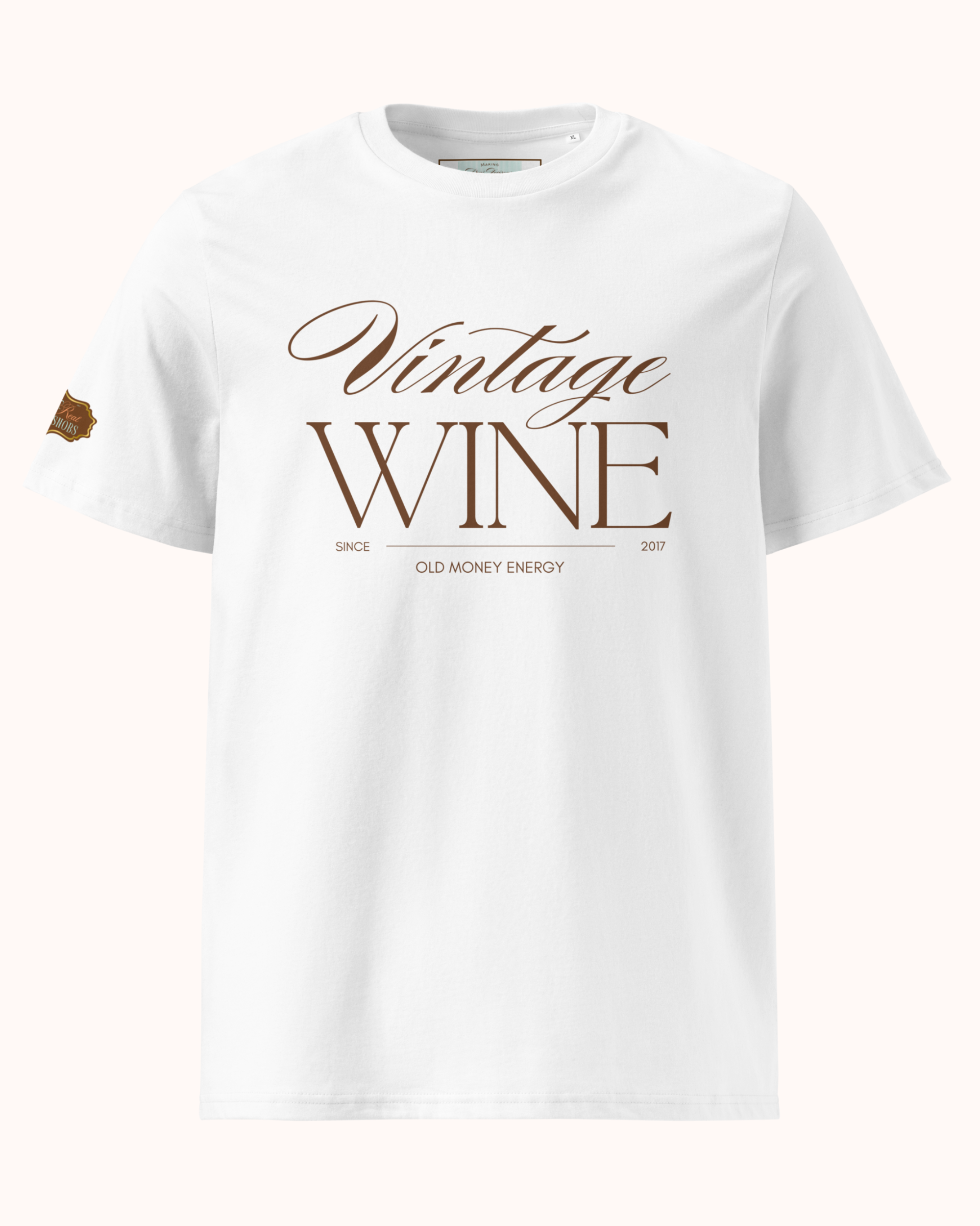 Old Money Energy wine t-shirt inspired by vintage wine culture and quiet luxury style. Organic cotton unisex tee with clean typography and refined fit from The Real Wine Snobs.