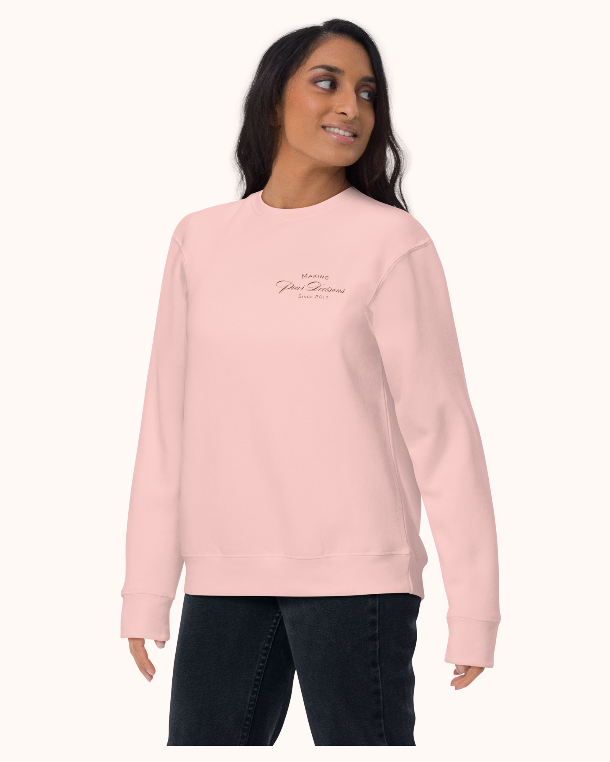 Premium wine sweatshirt with “Making Pour Decisions Since 2017” on the front and The Real Wine Snobs logo on the back. Structured unisex fit with cotton face and fleece interior. Sizes S–3XL.