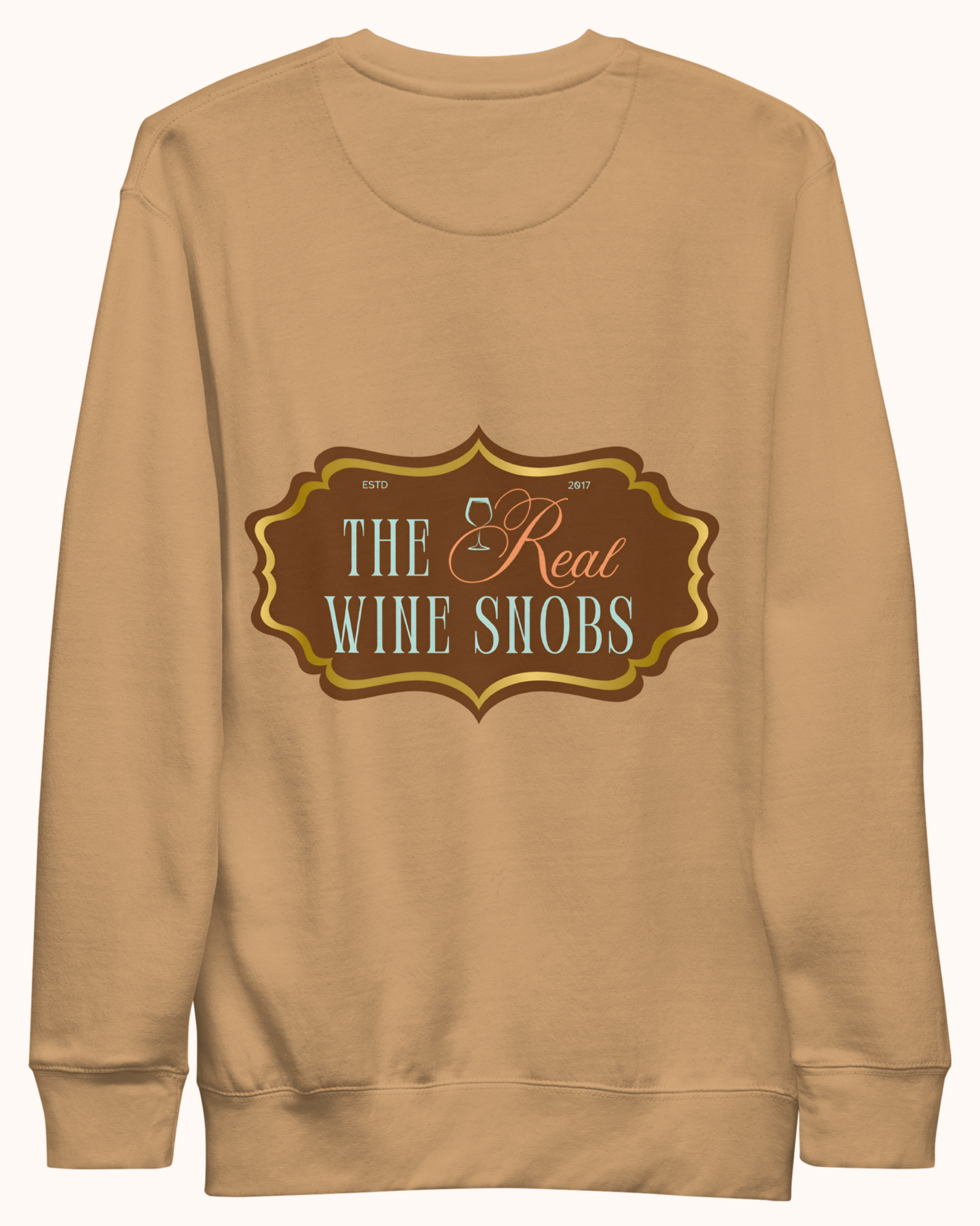 Premium wine sweatshirt with “Making Pour Decisions Since 2017” on the front and The Real Wine Snobs logo on the back. Structured unisex fit with cotton face and fleece interior. Sizes S–3XL.