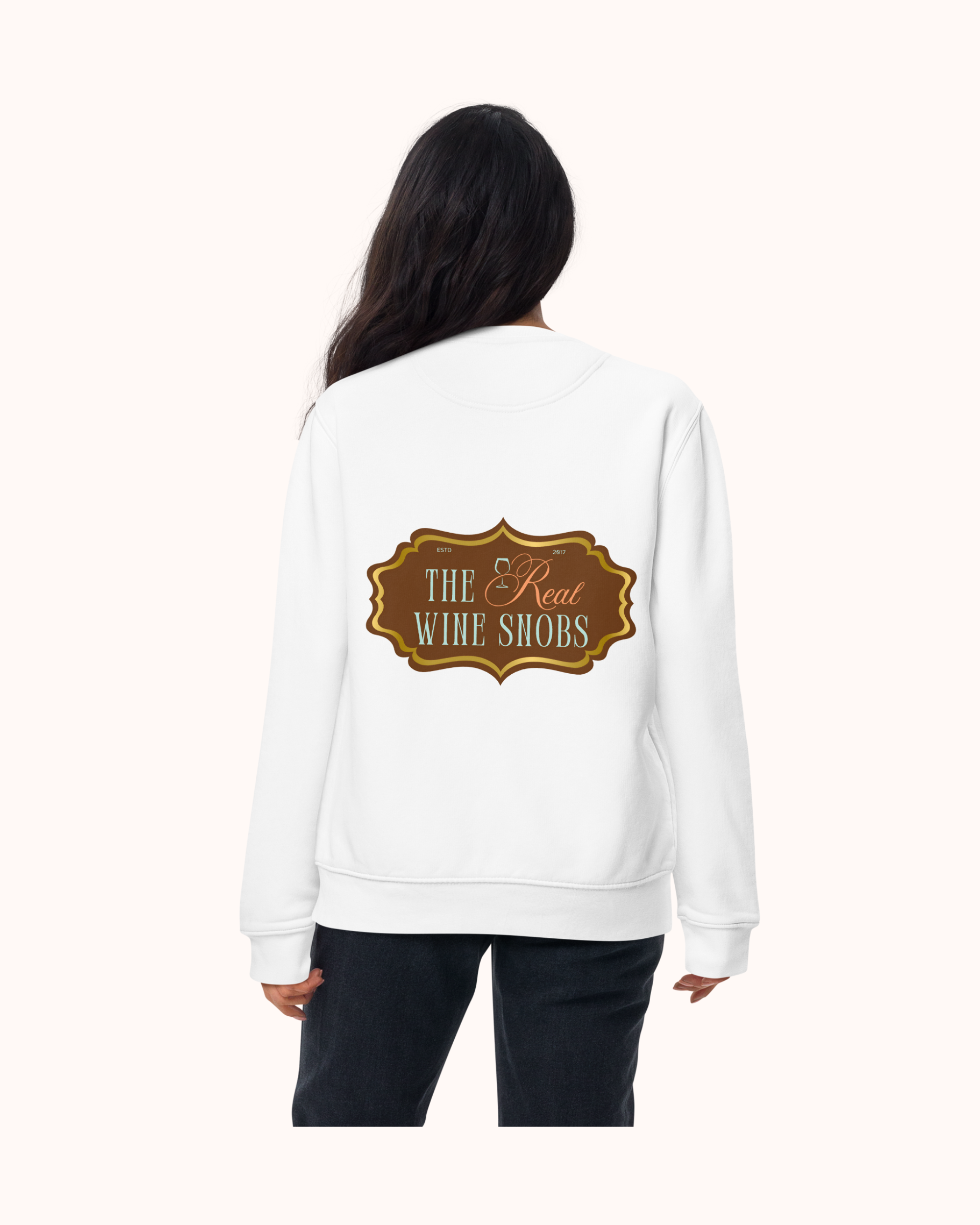 Premium wine sweatshirt with “Making Pour Decisions Since 2017” on the front and logo on back. Structured unisex fit, cotton face, fleece interior. Sizes S–3XL.