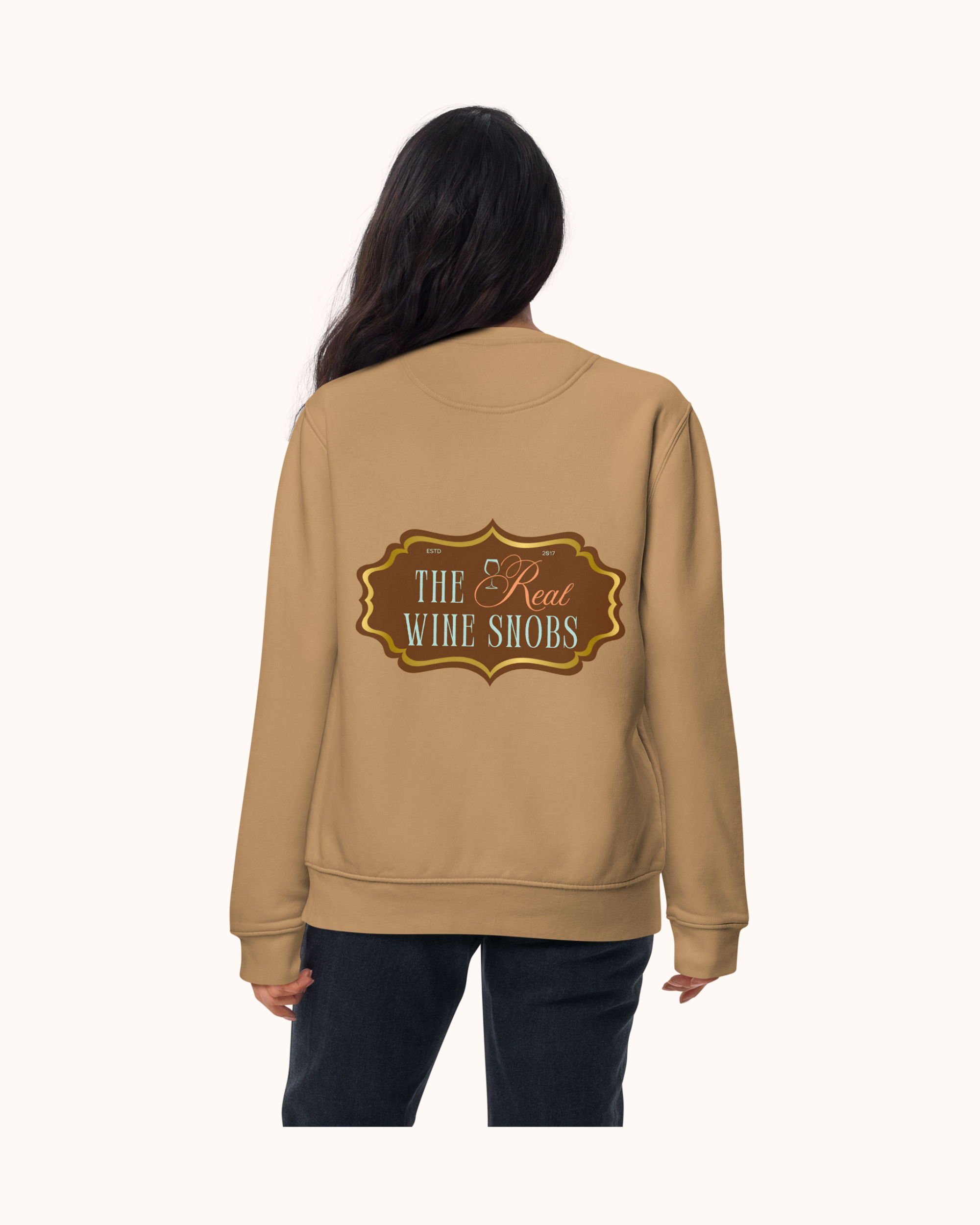 Premium wine sweatshirt with “Making Pour Decisions Since 2017” on the front and logo on back. Structured unisex fit, cotton face, fleece interior. Sizes S–3XL.