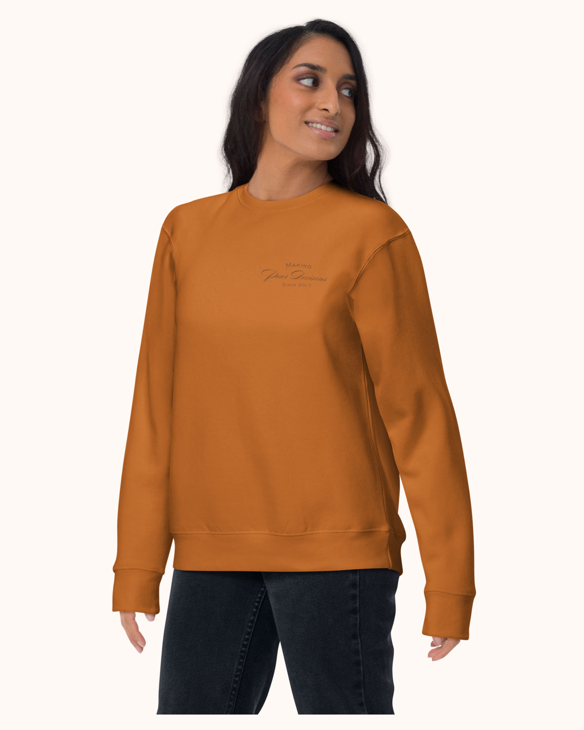 Premium wine sweatshirt with “Making Pour Decisions Since 2017” on the front and The Real Wine Snobs logo on the back. Structured unisex fit with cotton face and fleece interior. Sizes S–3XL.
