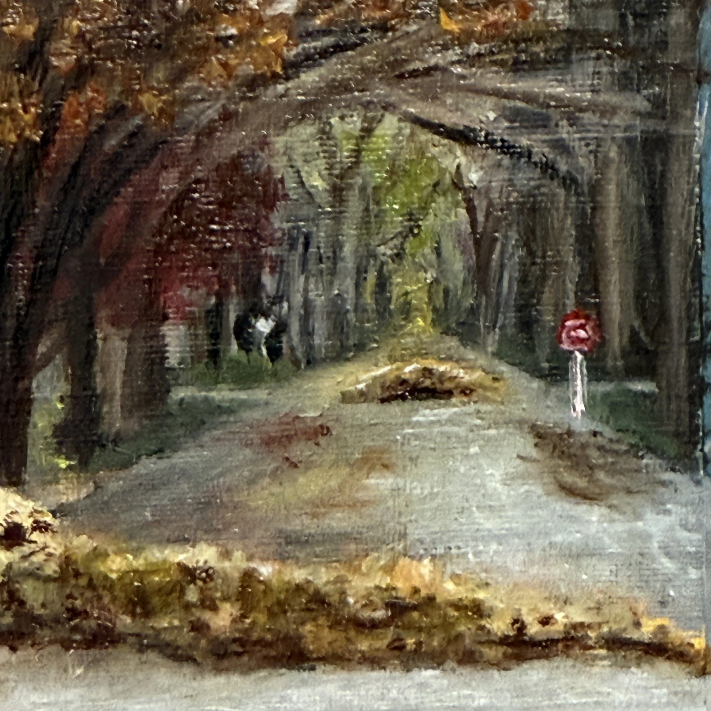 "Fall Cleanup," oil on paper, 2 x 2 inches, 2025.