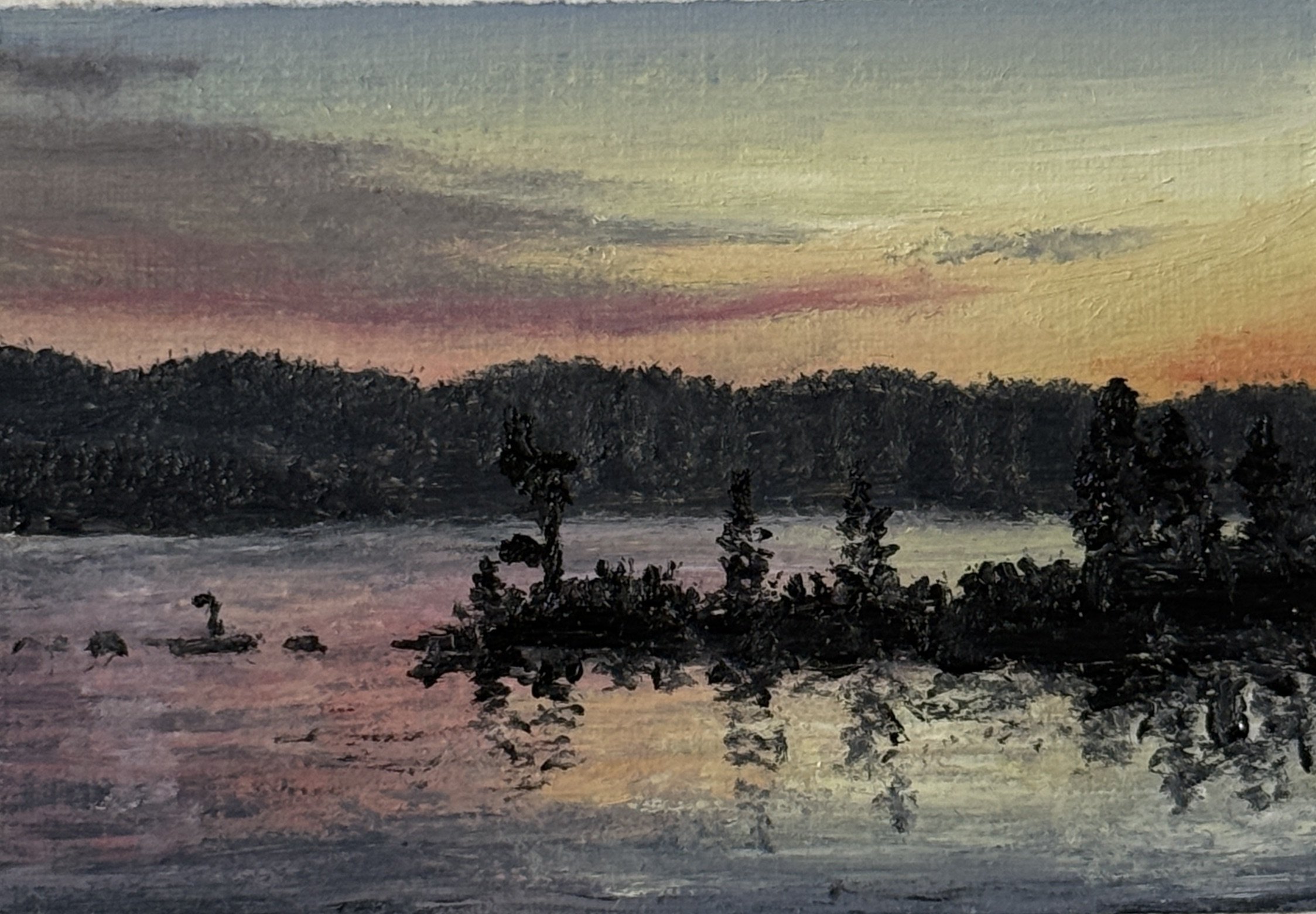 "Tubbs Hill Beach Sunset," oil on paper, 3 x 2 inches, 2025.