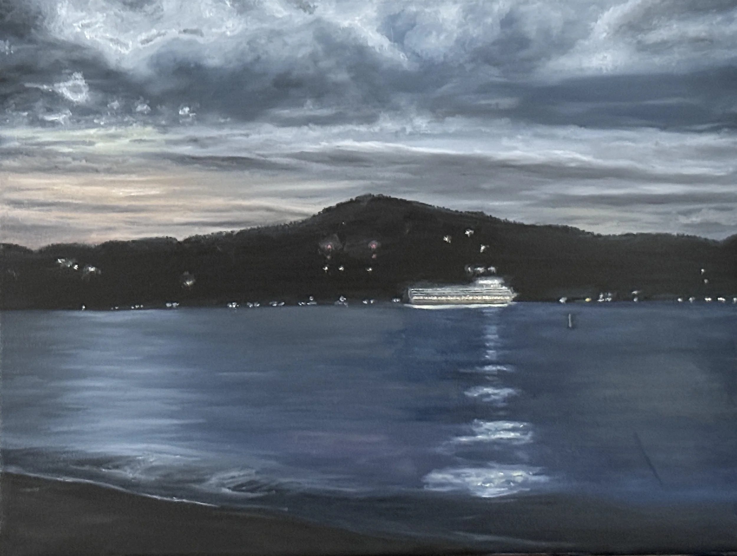 "Mish-an-Nock on Summer Night 2," oil on canvas, 14 x 12 inches, 2025.*