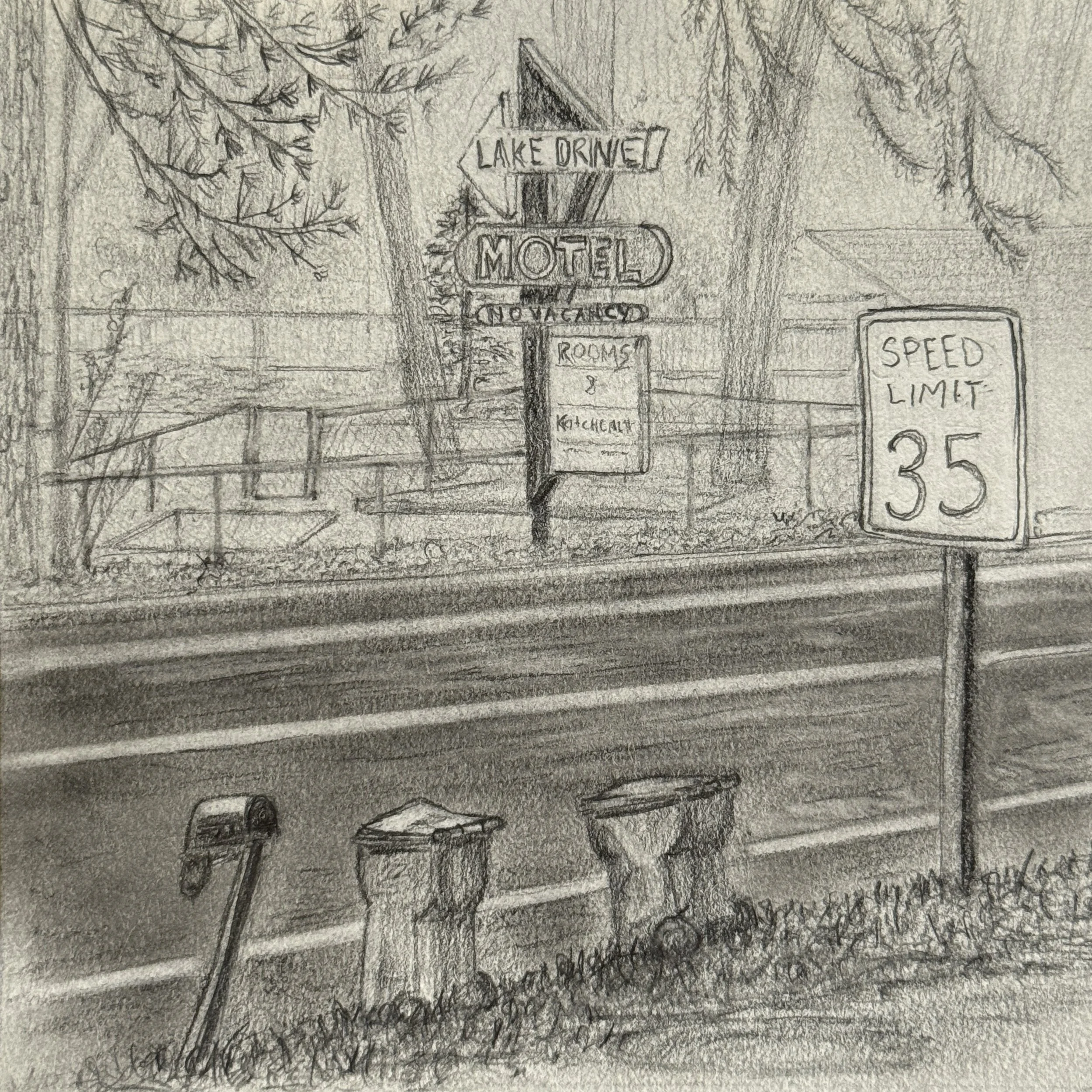 “Lake Drive Speed Limit,” graphite on paper, 5 x 5 inches, 2025.